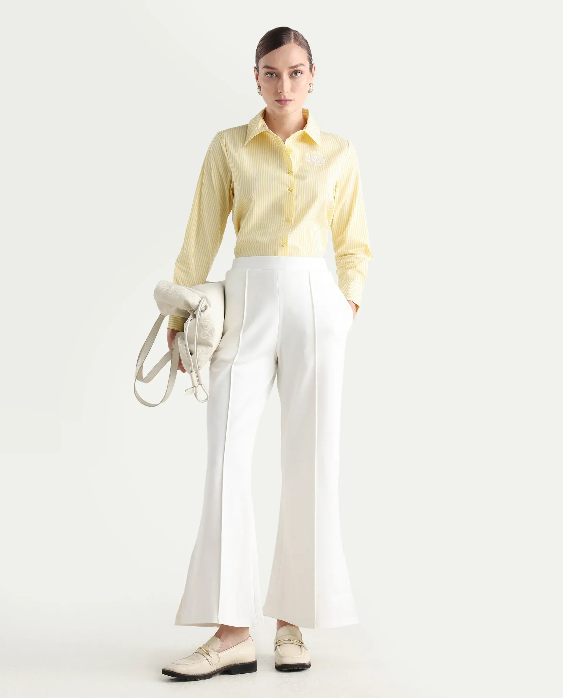 Rareism Women's Robbu Yellow Cotton Drop Collar Striped Cuffed Sleeve Regular Fit Shirt - Image 2