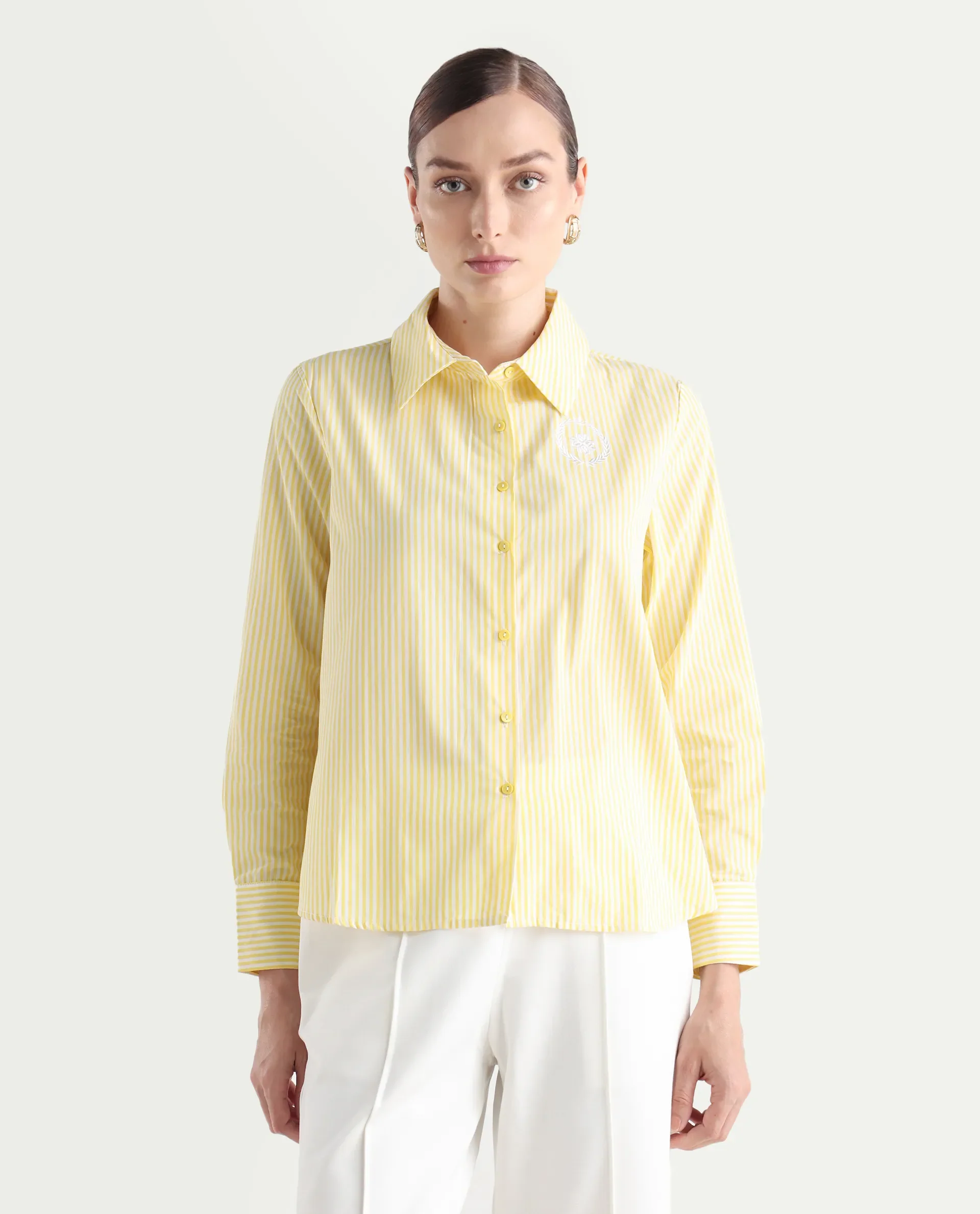 Rareism Women's Robbu Yellow Cotton Drop Collar Striped Cuffed Sleeve Regular Fit Shirt - Image 3