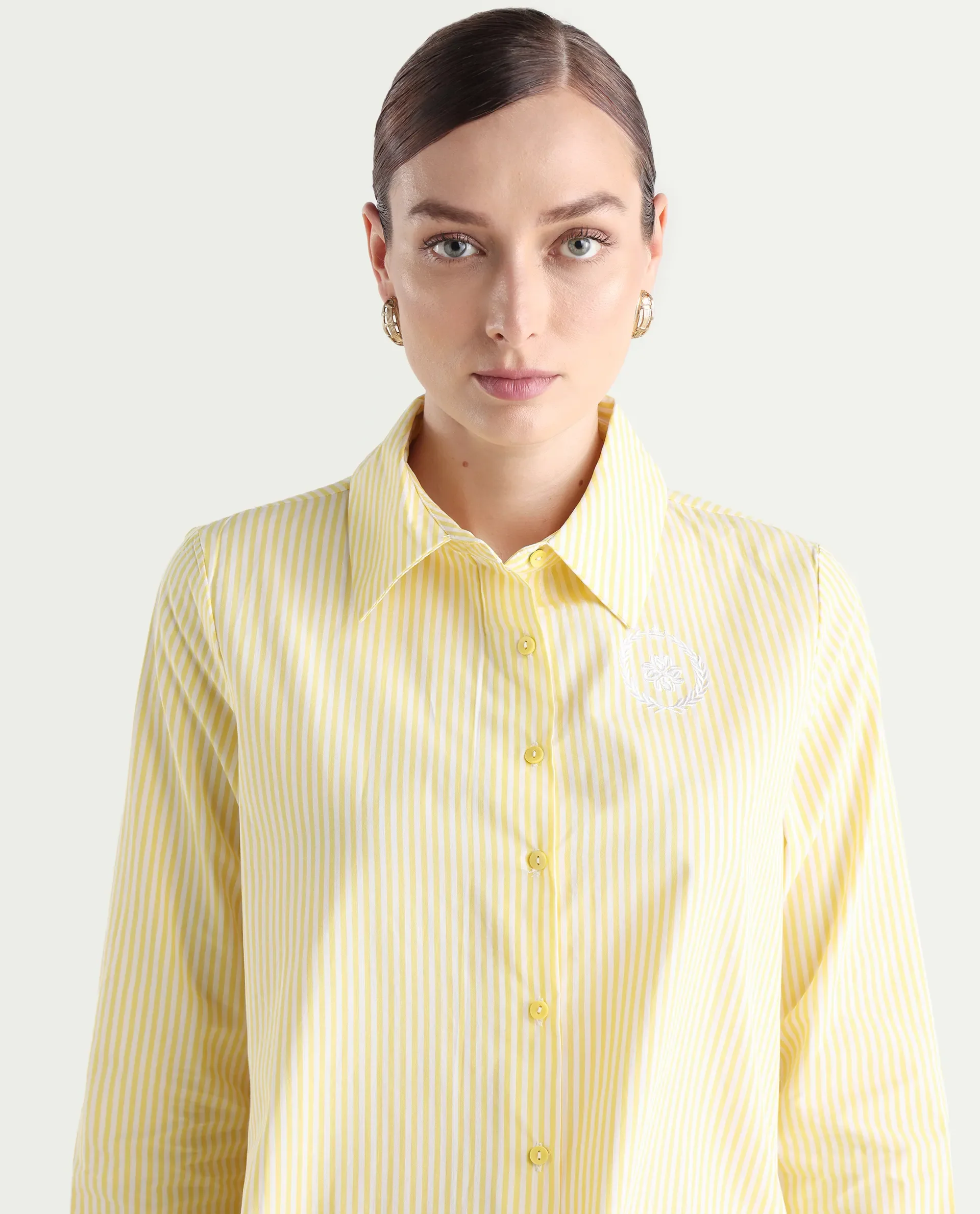 Rareism Women's Robbu Yellow Cotton Drop Collar Striped Cuffed Sleeve Regular Fit Shirt - Image 4