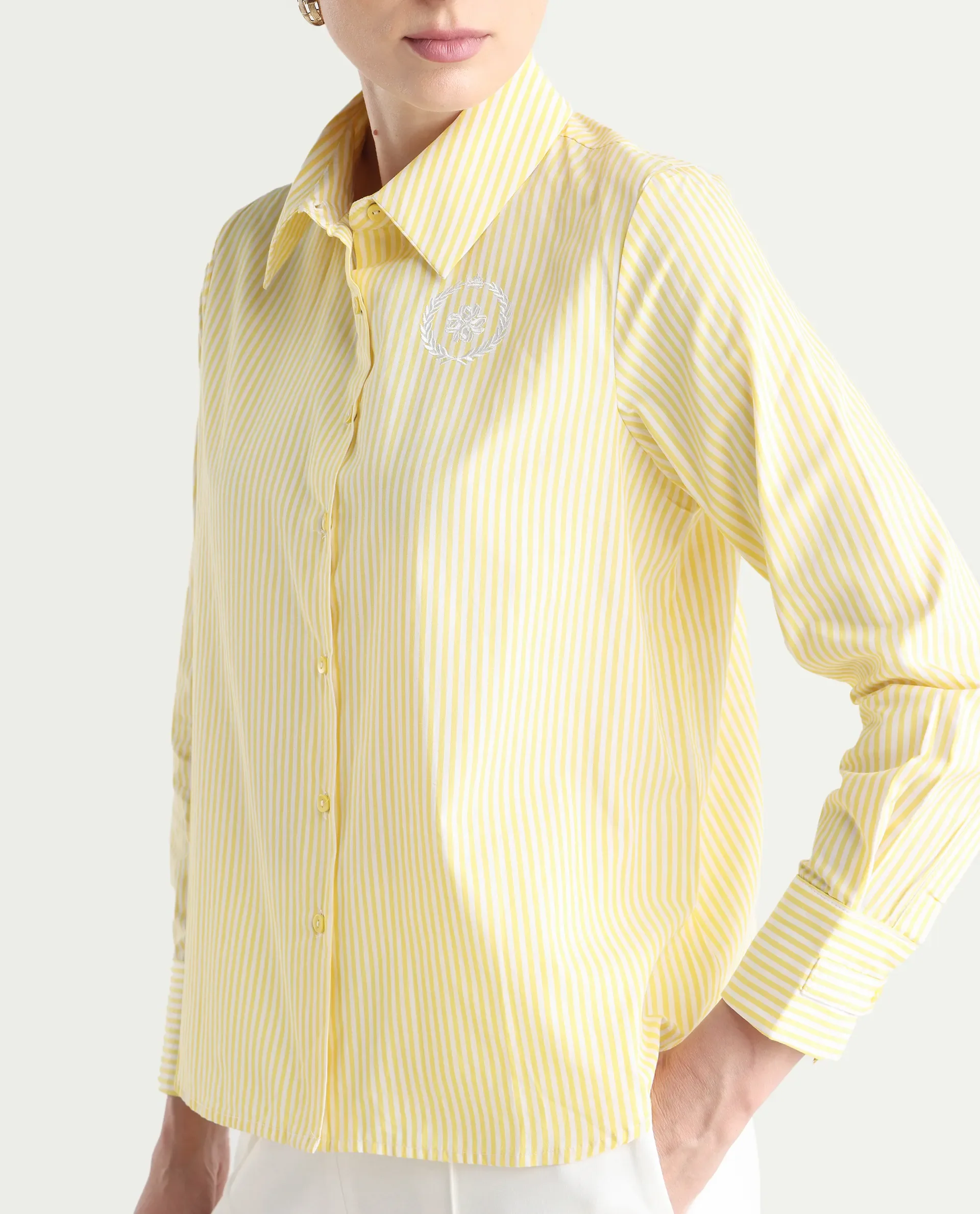 Rareism Women's Robbu Yellow Cotton Drop Collar Striped Cuffed Sleeve Regular Fit Shirt - Image 5