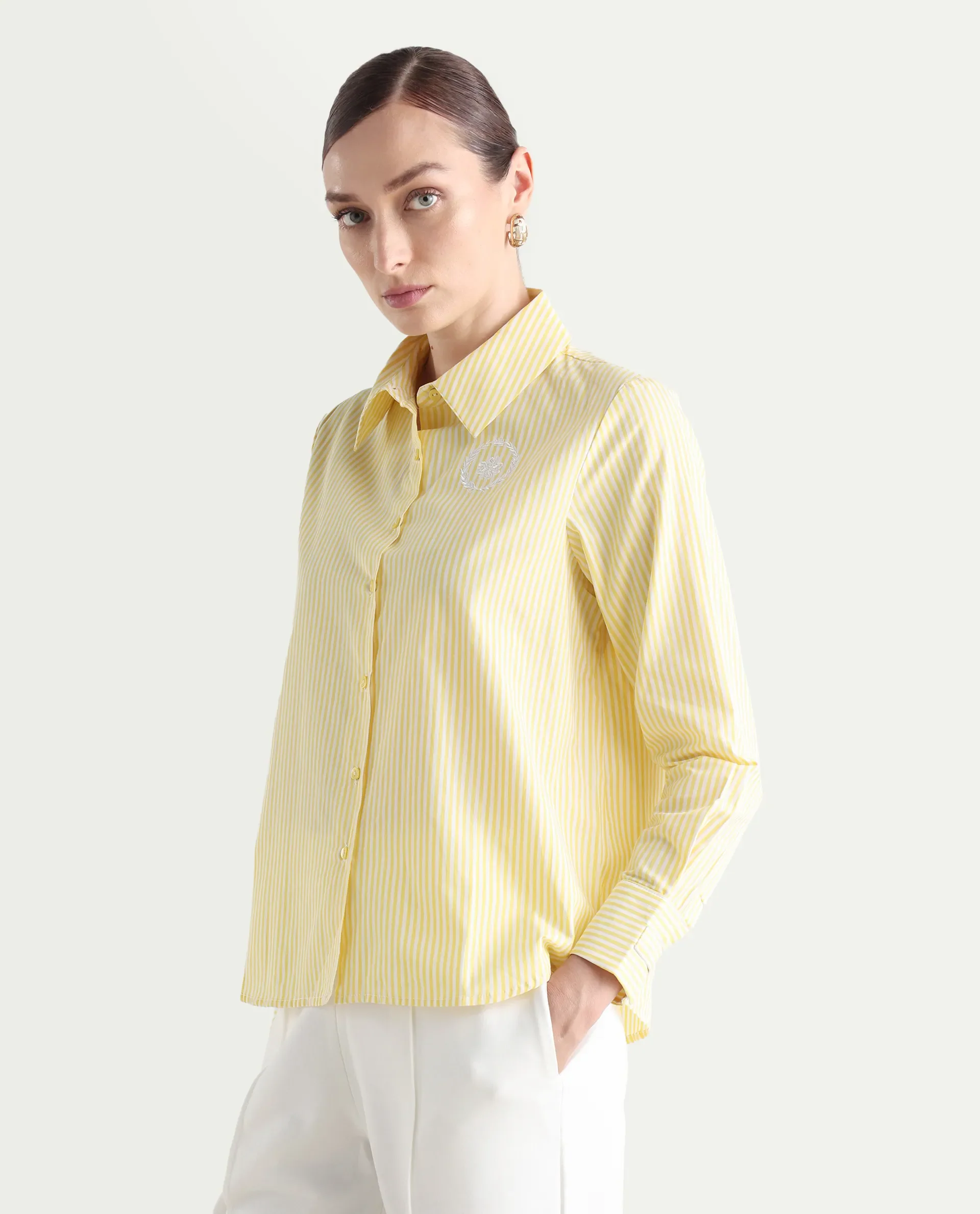 Rareism Women's Robbu Yellow Cotton Drop Collar Striped Cuffed Sleeve Regular Fit Shirt - Image 6
