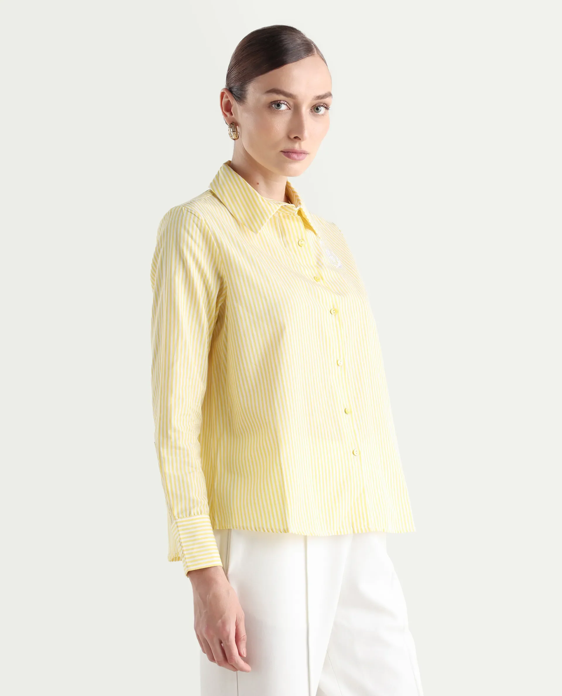 Rareism Women's Robbu Yellow Cotton Drop Collar Striped Cuffed Sleeve Regular Fit Shirt - Image 7