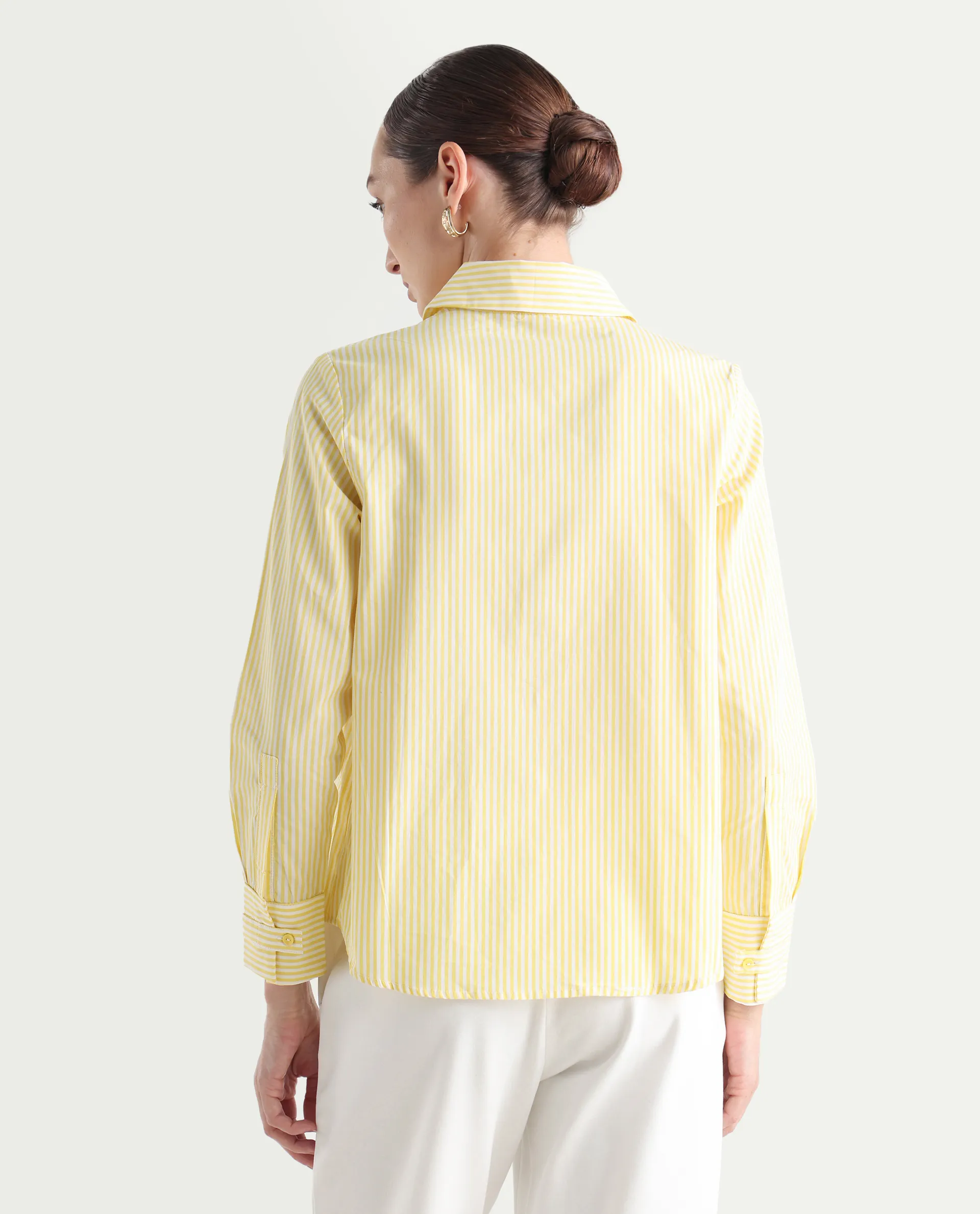Rareism Women's Robbu Yellow Cotton Drop Collar Striped Cuffed Sleeve Regular Fit Shirt - Image 8