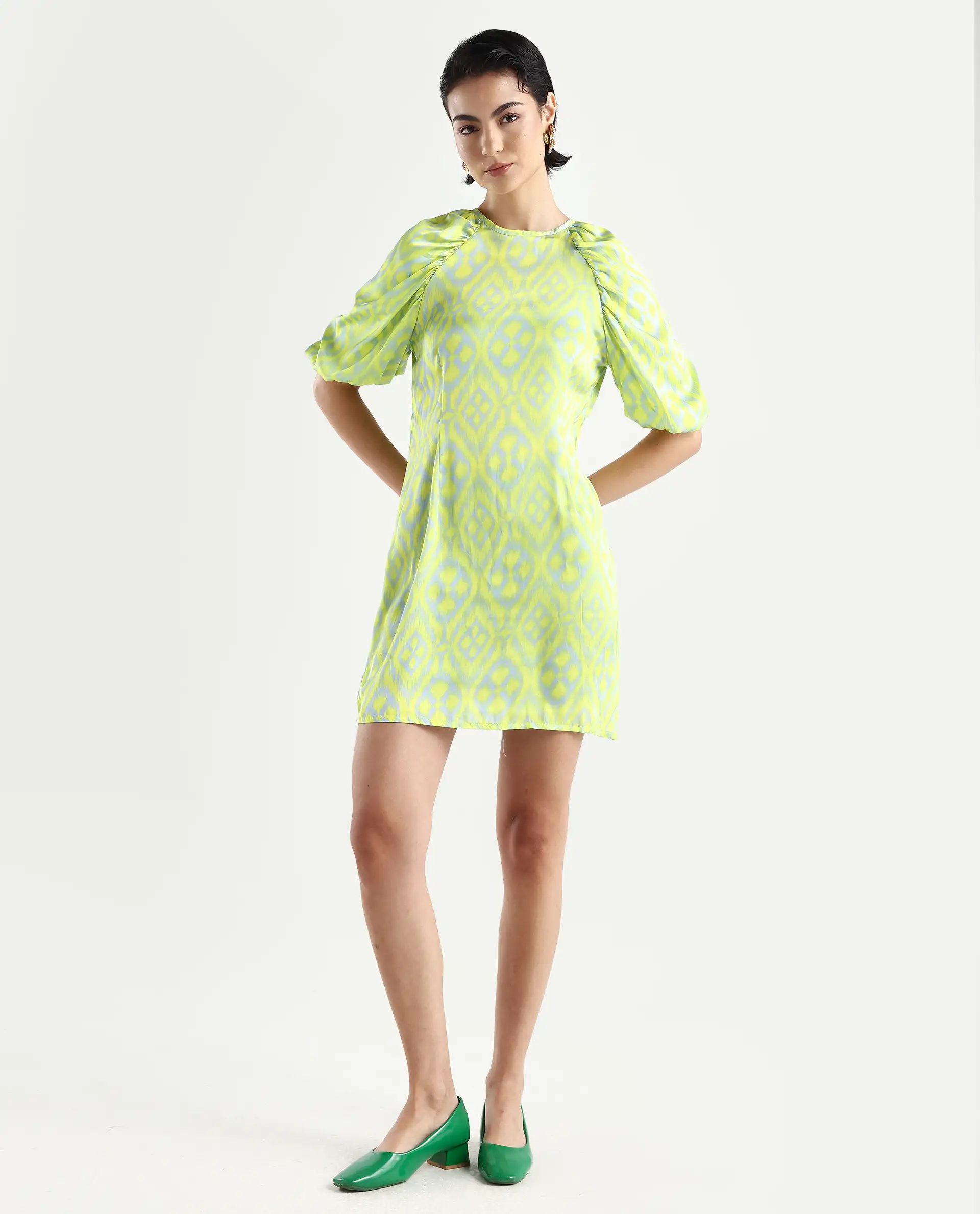 Rareism Women's Robertson Flouroscent Yellow Polyester Crew Neck Geometric Print Puff Sleeves Mini Slim Fit Dress - Image 2