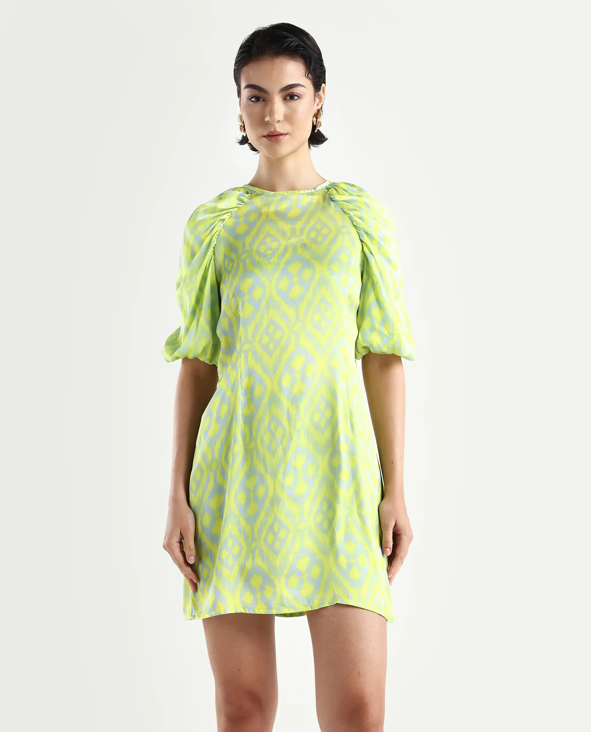 Rareism Women's Robertson Flouroscent Yellow Polyester Crew Neck Geometric Print Puff Sleeves Mini Slim Fit Dress - Image 3