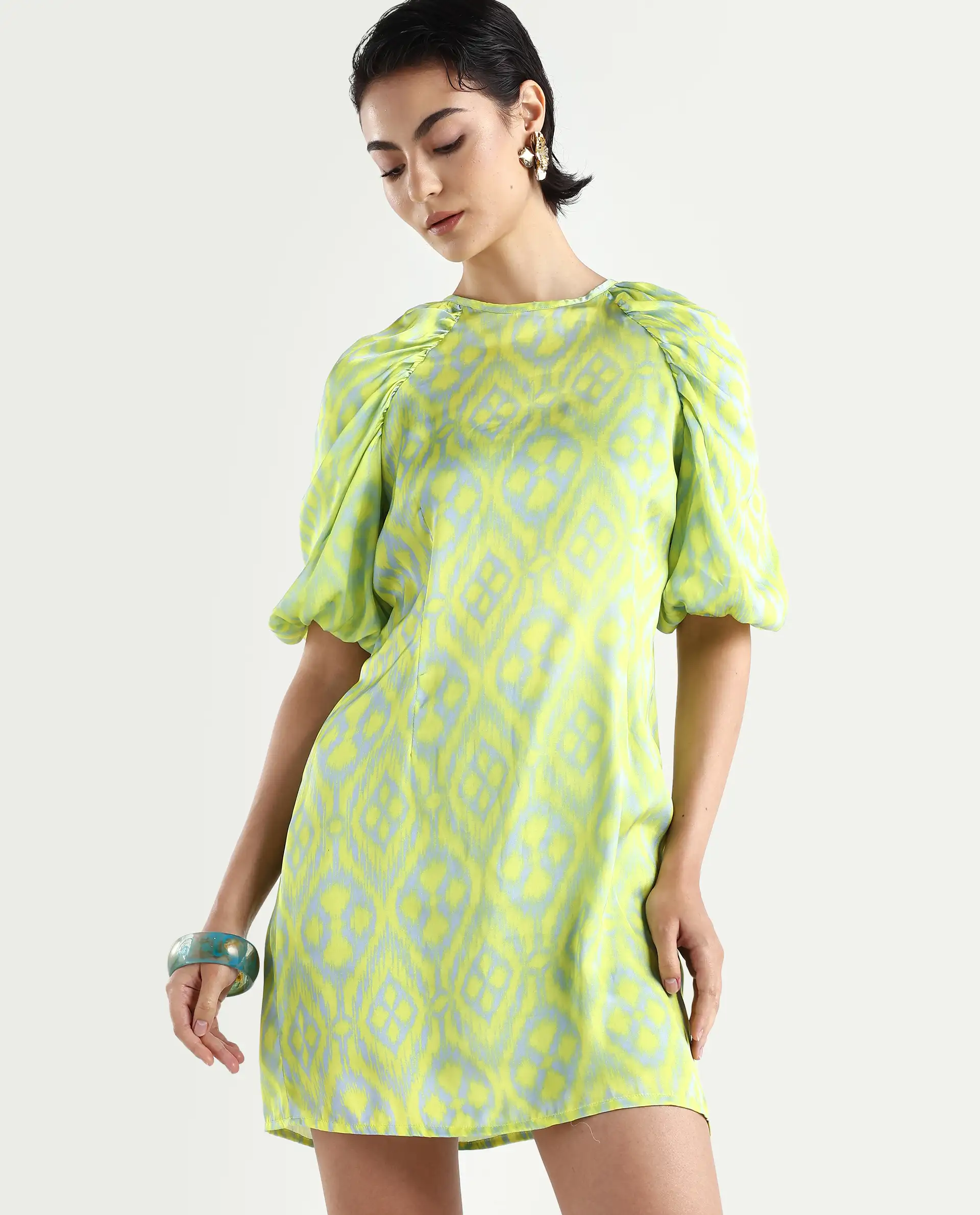 Rareism Women's Robertson Flouroscent Yellow Polyester Crew Neck Geometric Print Puff Sleeves Mini Slim Fit Dress - Image 4