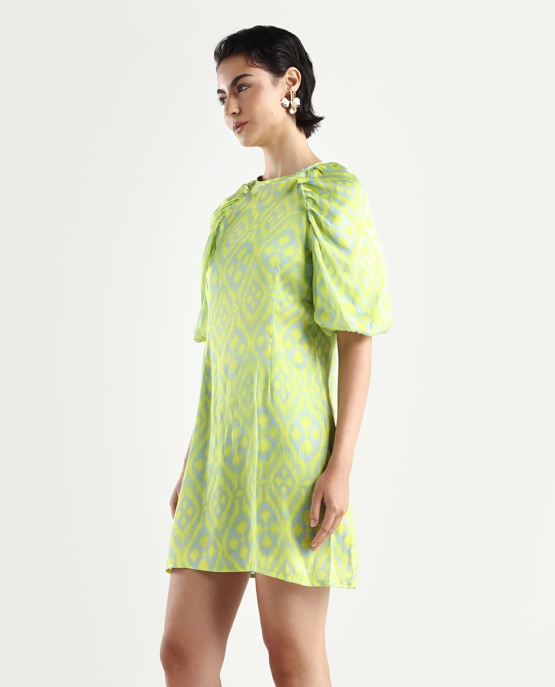 Rareism Women's Robertson Flouroscent Yellow Polyester Crew Neck Geometric Print Puff Sleeves Mini Slim Fit Dress - Image 5