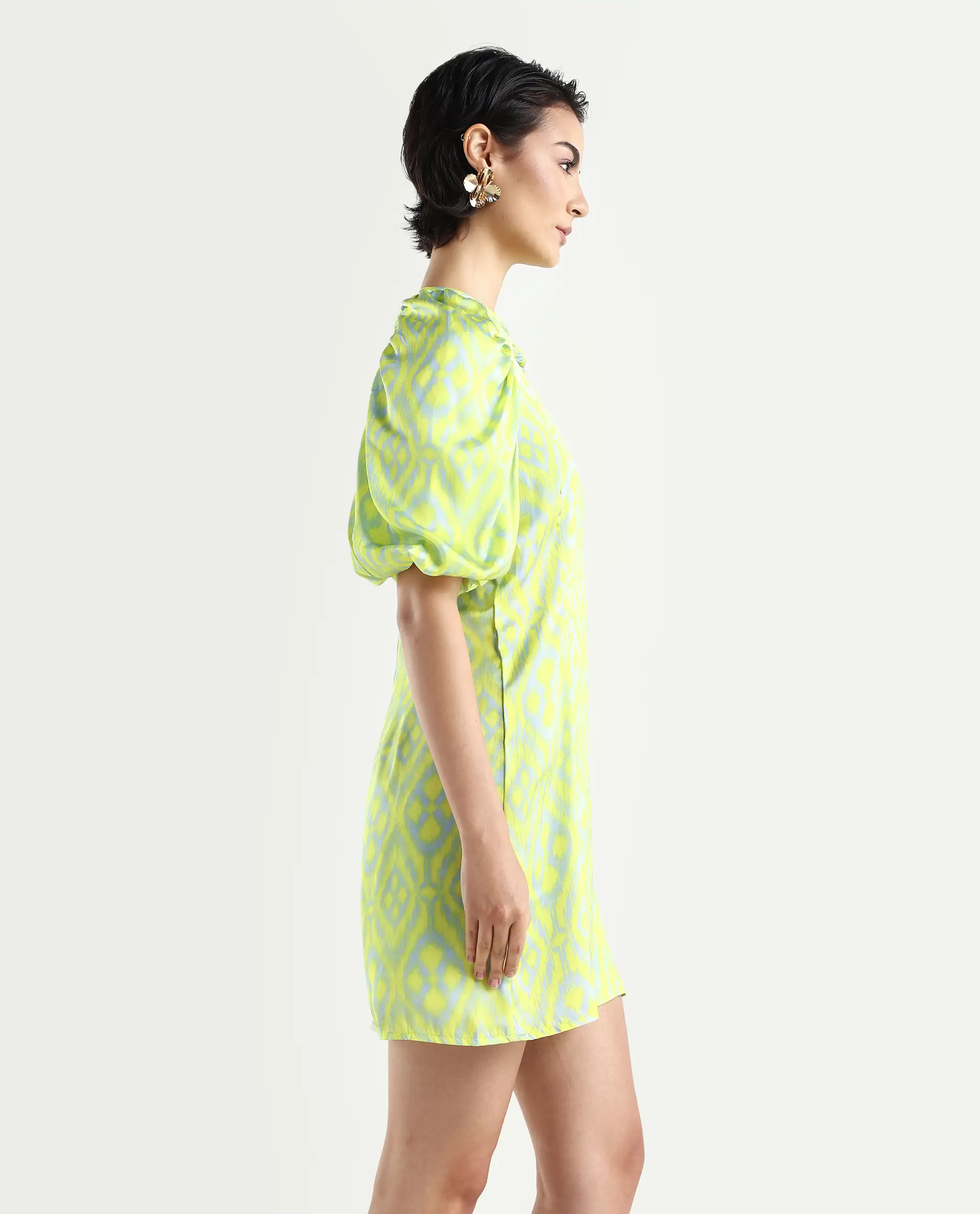 Rareism Women's Robertson Flouroscent Yellow Polyester Crew Neck Geometric Print Puff Sleeves Mini Slim Fit Dress - Image 6