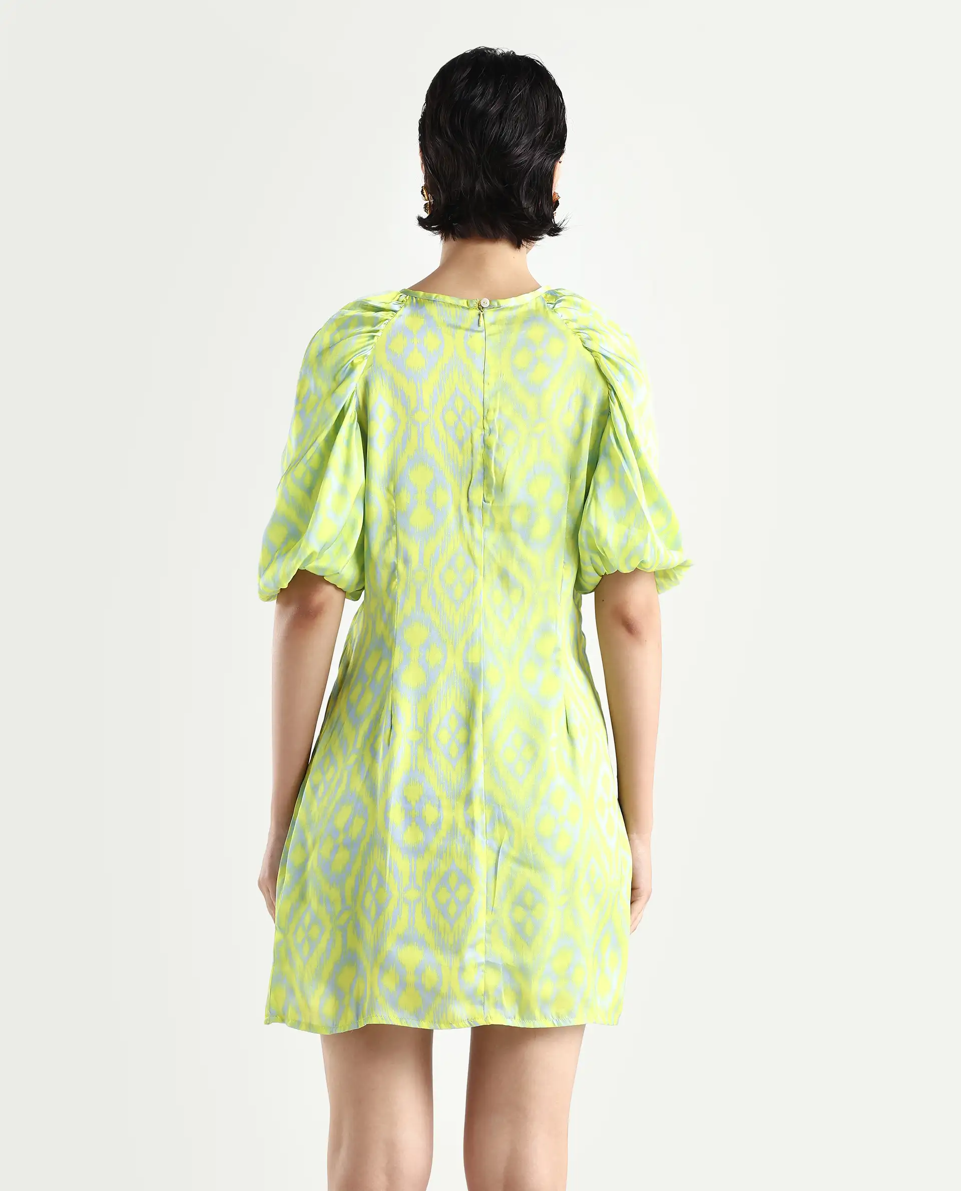 Rareism Women's Robertson Flouroscent Yellow Polyester Crew Neck Geometric Print Puff Sleeves Mini Slim Fit Dress - Image 7