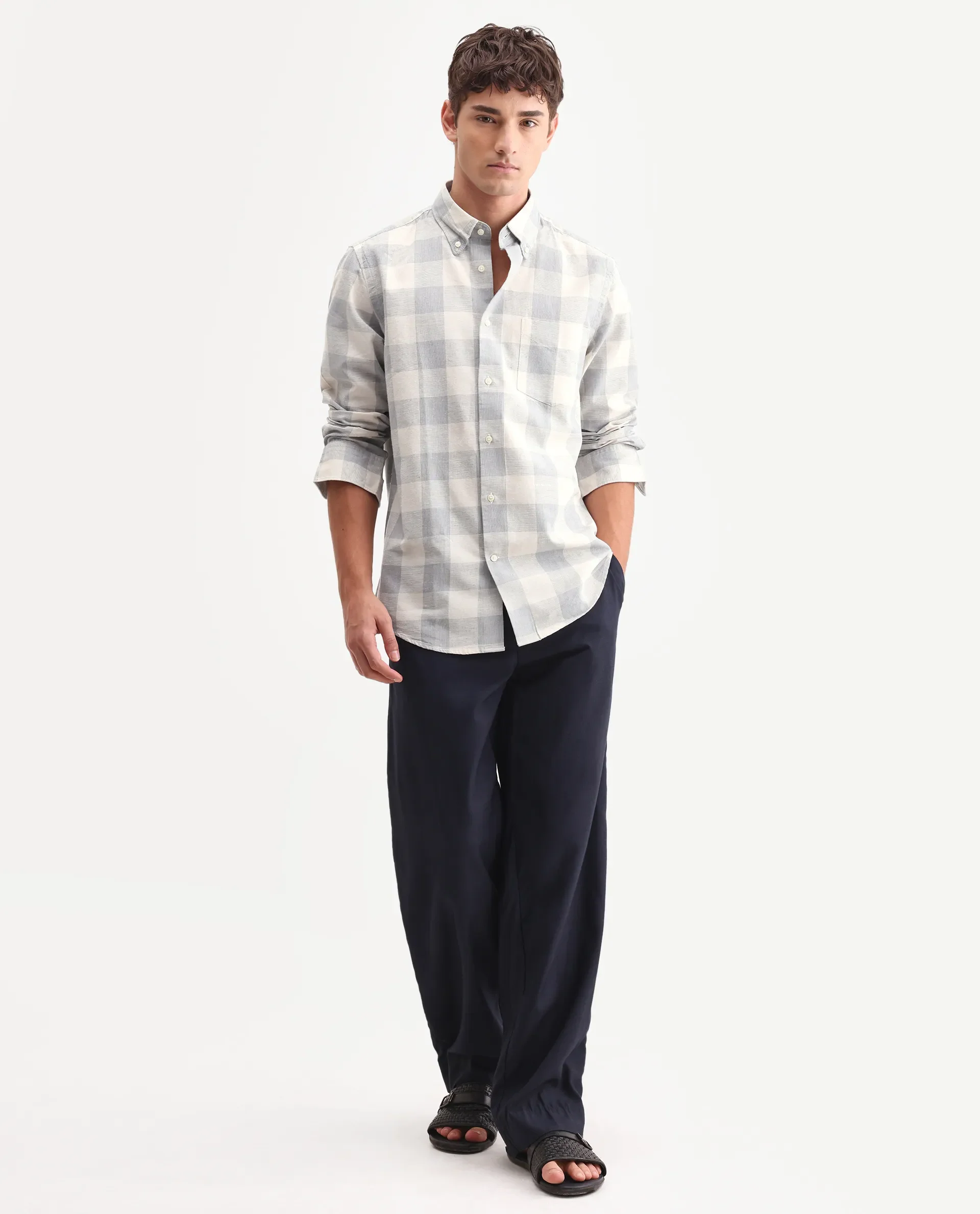 Rare Rabbit Men's Robina Blue 100% Linen Checked Print Regular Fit Full Sleeve Collared Shirt - Image 2