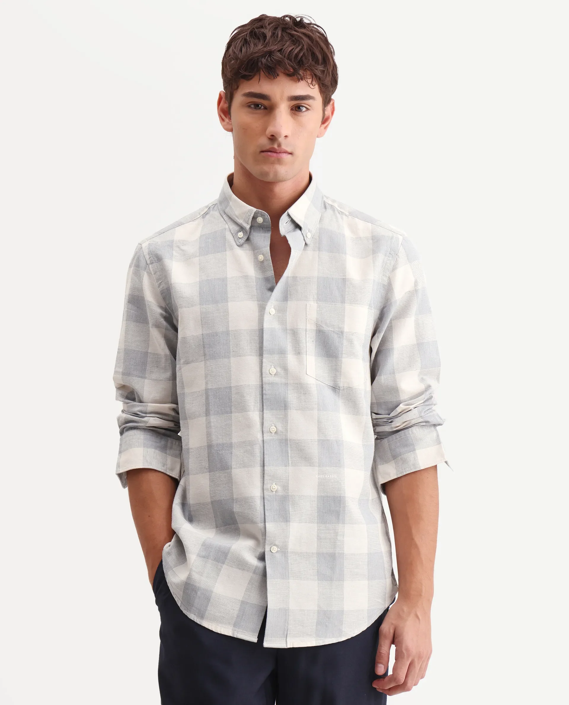 Rare Rabbit Men's Robina Blue 100% Linen Checked Print Regular Fit Full Sleeve Collared Shirt - Image 4