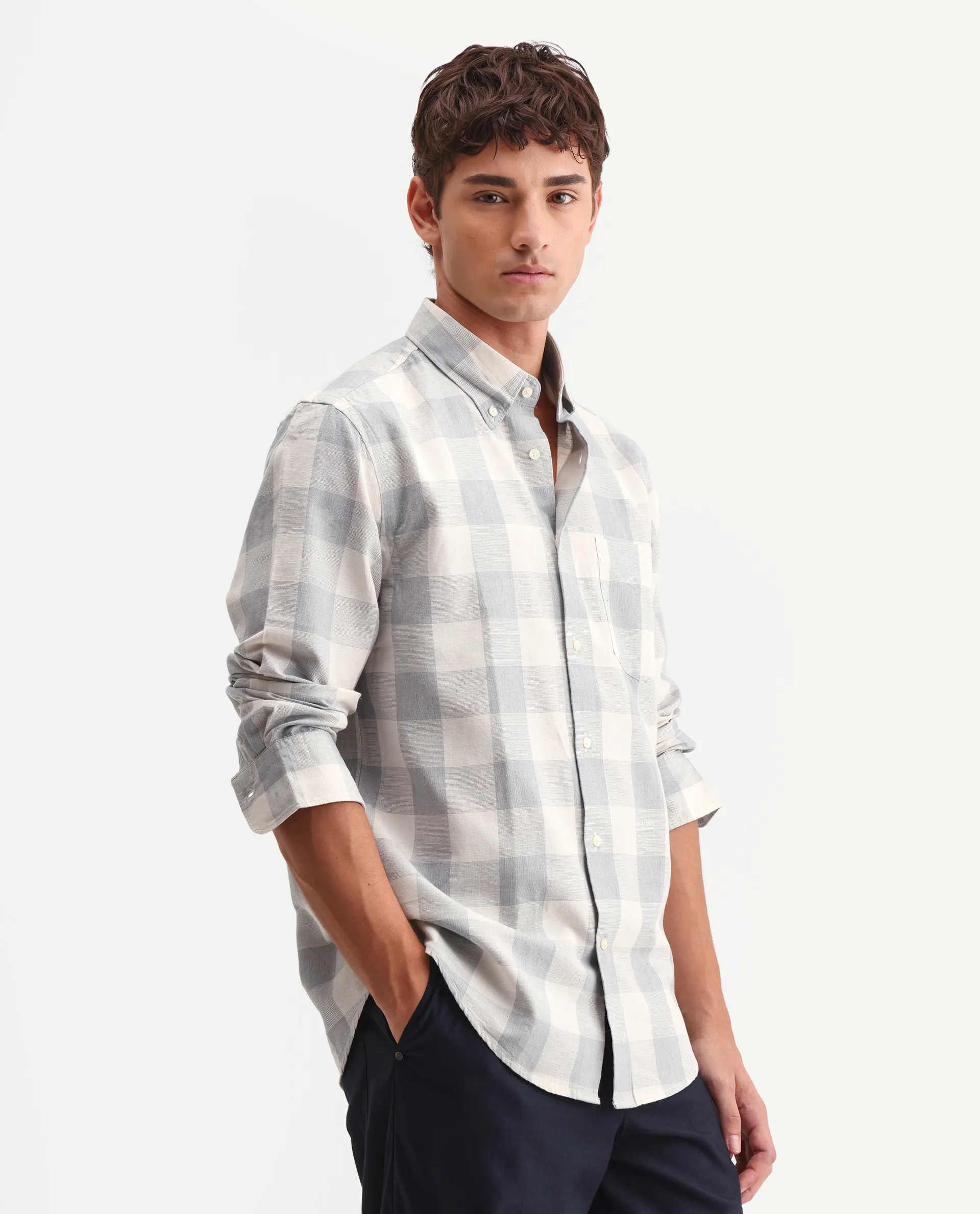 Rare Rabbit Men's Robina Blue 100% Linen Checked Print Regular Fit Full Sleeve Collared Shirt - Image 5