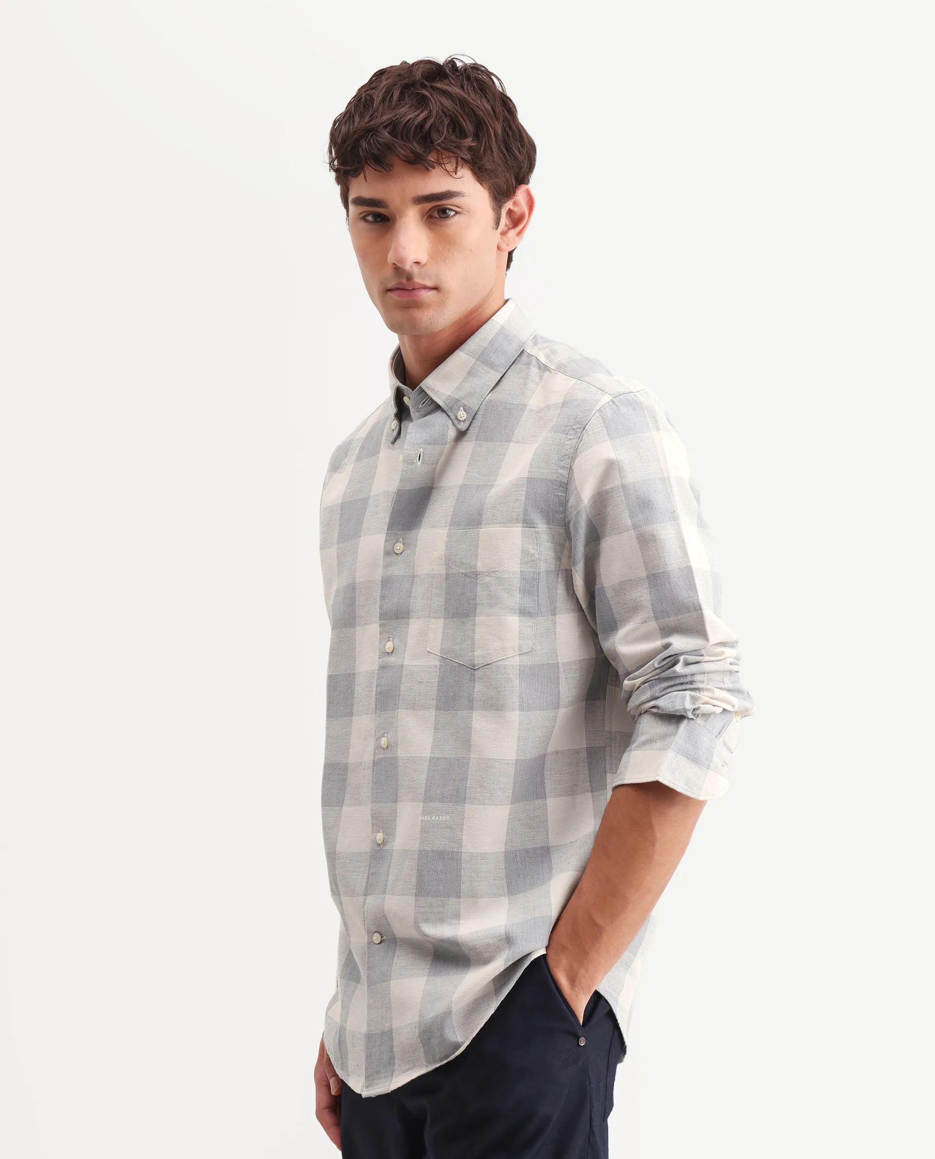 Rare Rabbit Men's Robina Blue 100% Linen Checked Print Regular Fit Full Sleeve Collared Shirt - Image 6