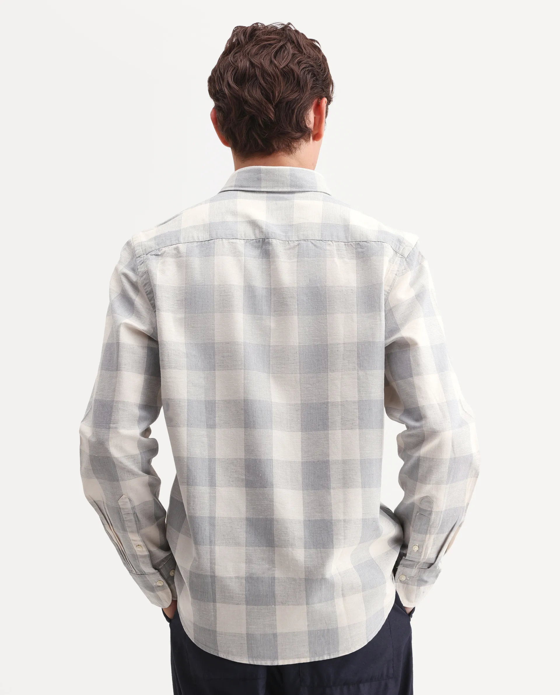 Rare Rabbit Men's Robina Blue 100% Linen Checked Print Regular Fit Full Sleeve Collared Shirt - Image 7