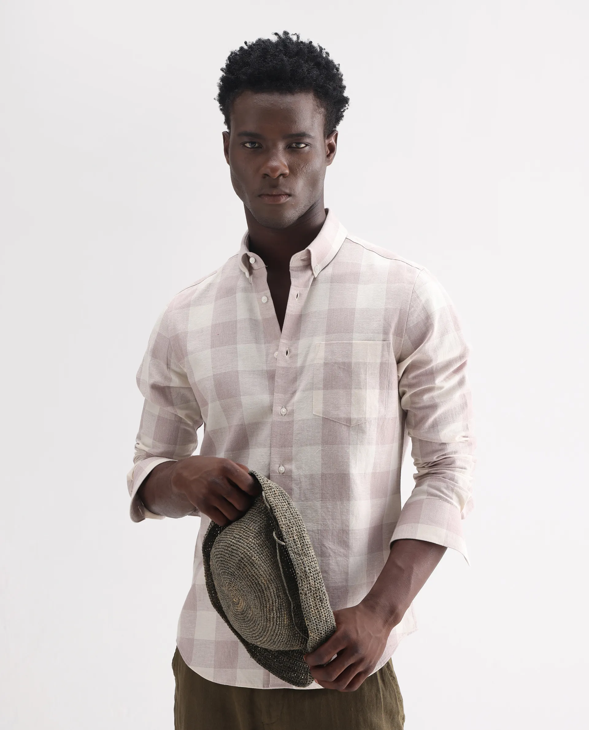 Rare Rabbit Men's Robina Pink 100% Linen Checked Print Regular Fit Full Sleeve Collared Shirt