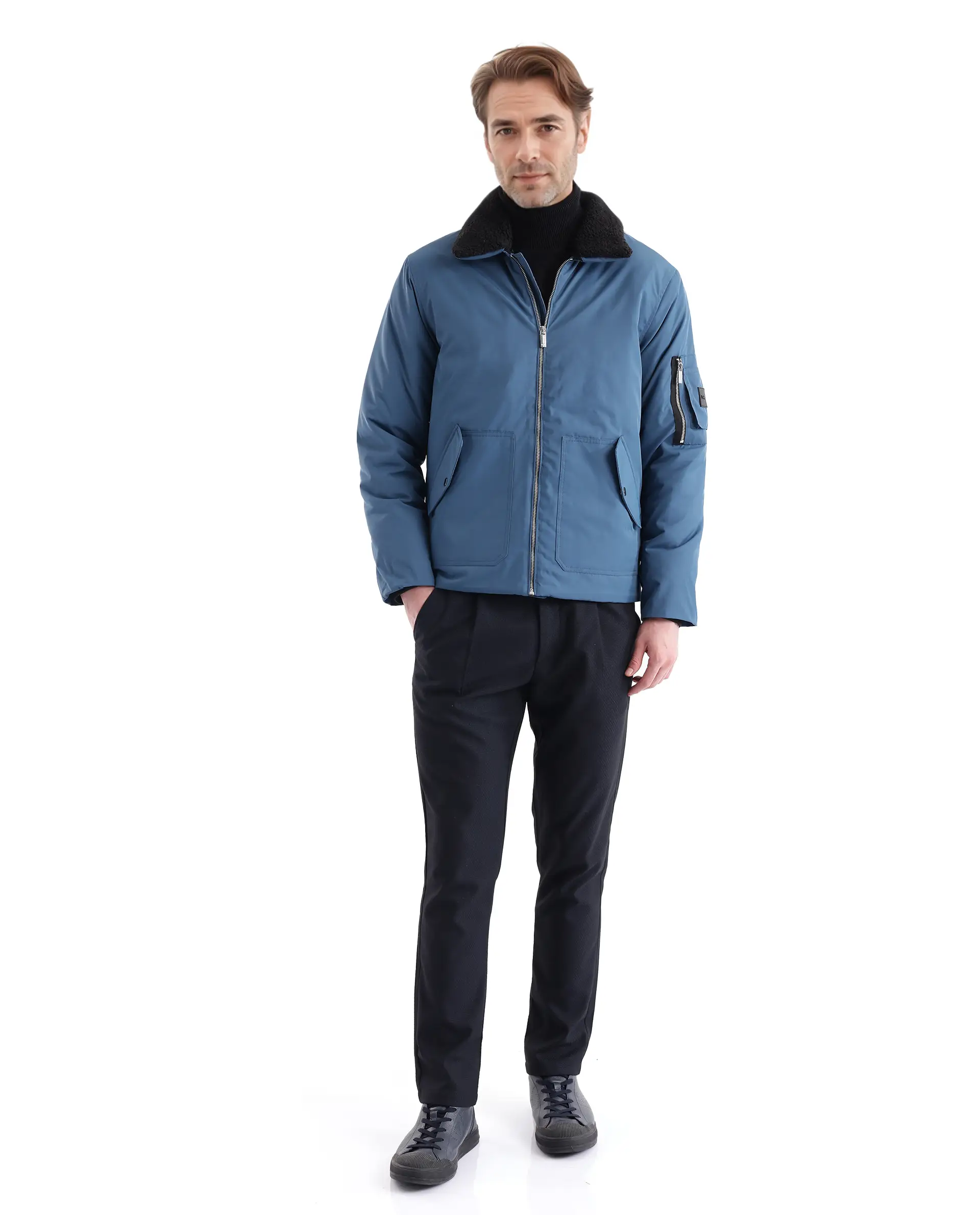 Rare Rabbit Men's Roboss Teal Polyester Plain Regular Fit Full Sleeve Spread Collar Jacket - Image 2