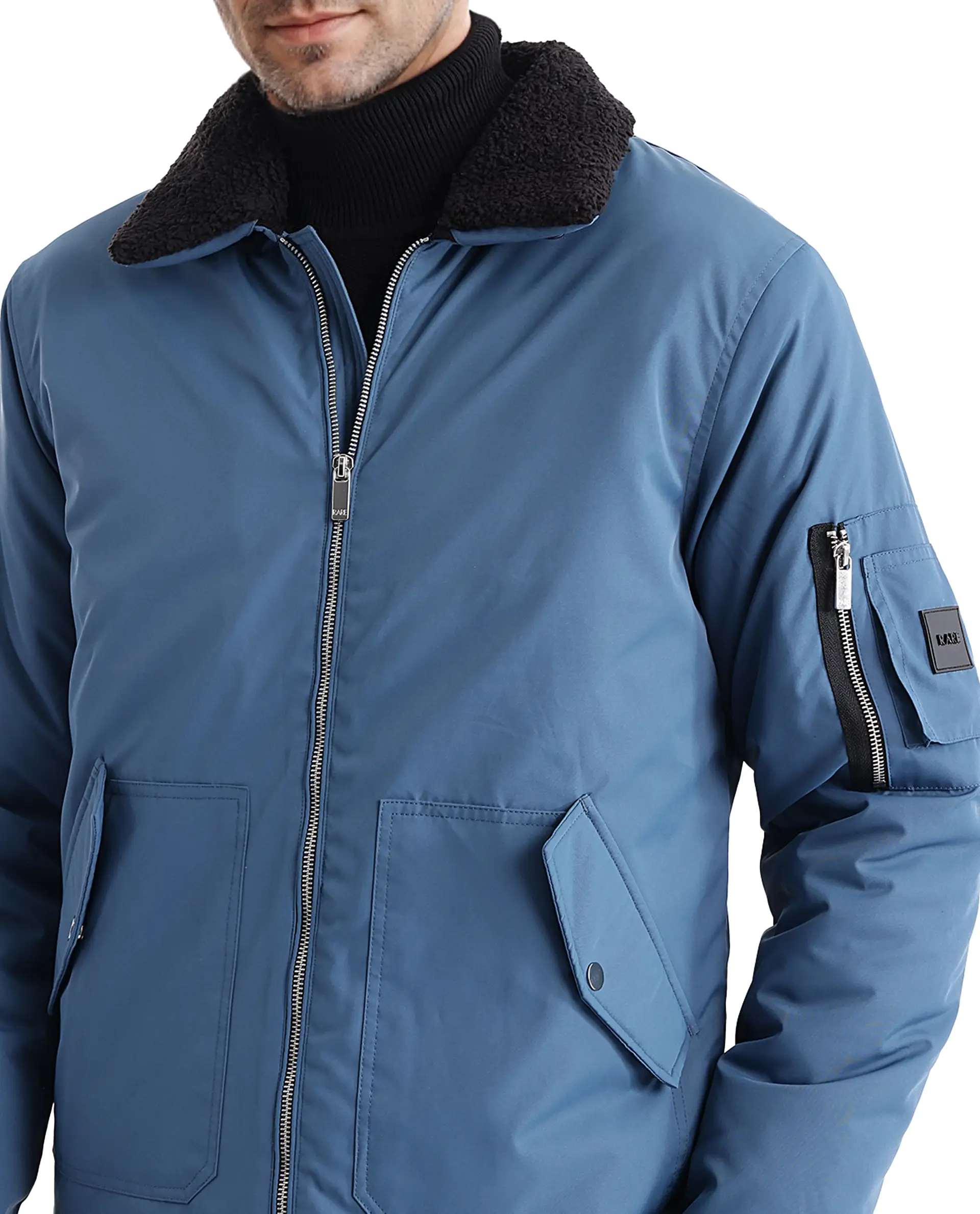 Rare Rabbit Men's Roboss Teal Polyester Plain Regular Fit Full Sleeve Spread Collar Jacket - Image 3