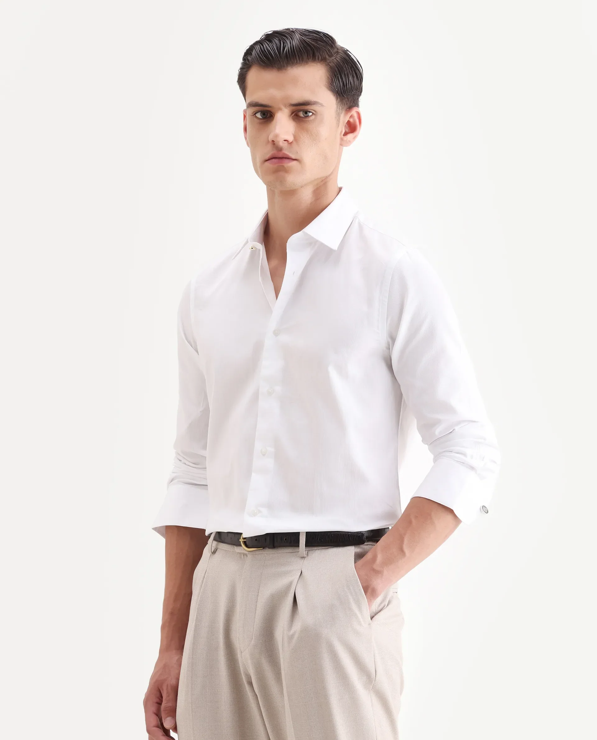 Rare Rabbit Men's Rocco White Cotton Plain Regular Fit Full Sleeve Collared Shirt - Image 5