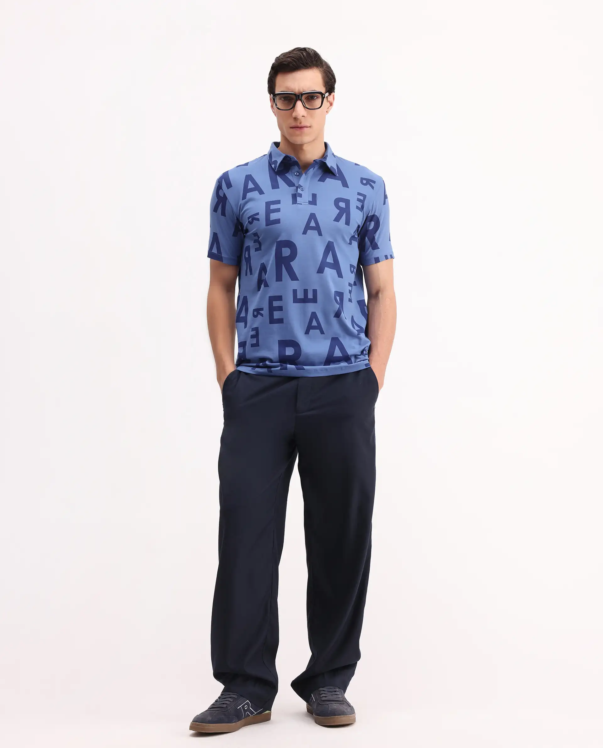 Rare Rabbit Men's Rocha Dark Blue Cotton Monogram Print Regular Fit Half Sleeve Polo - Image 2