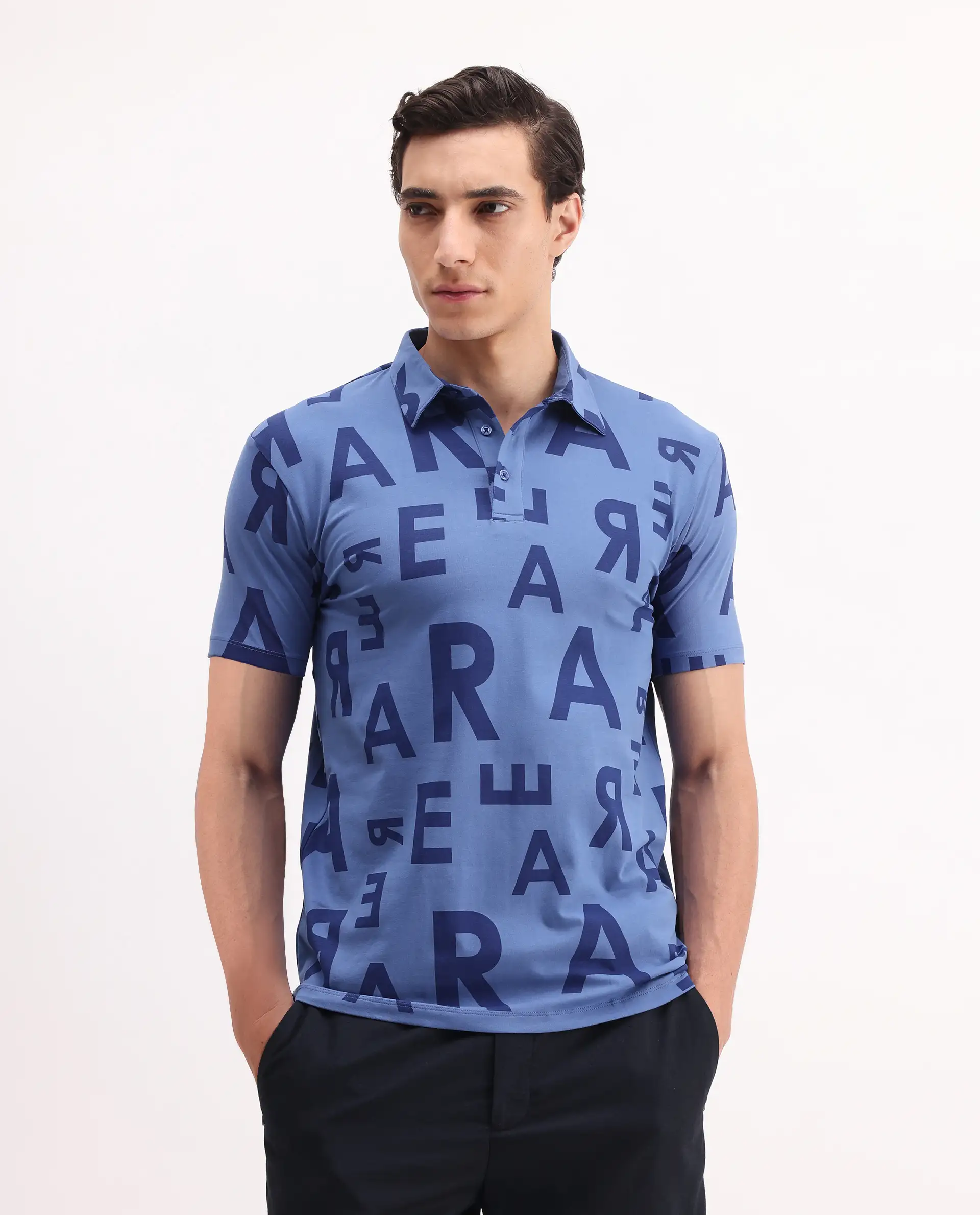 Rare Rabbit Men's Rocha Dark Blue Cotton Monogram Print Regular Fit Half Sleeve Polo - Image 3