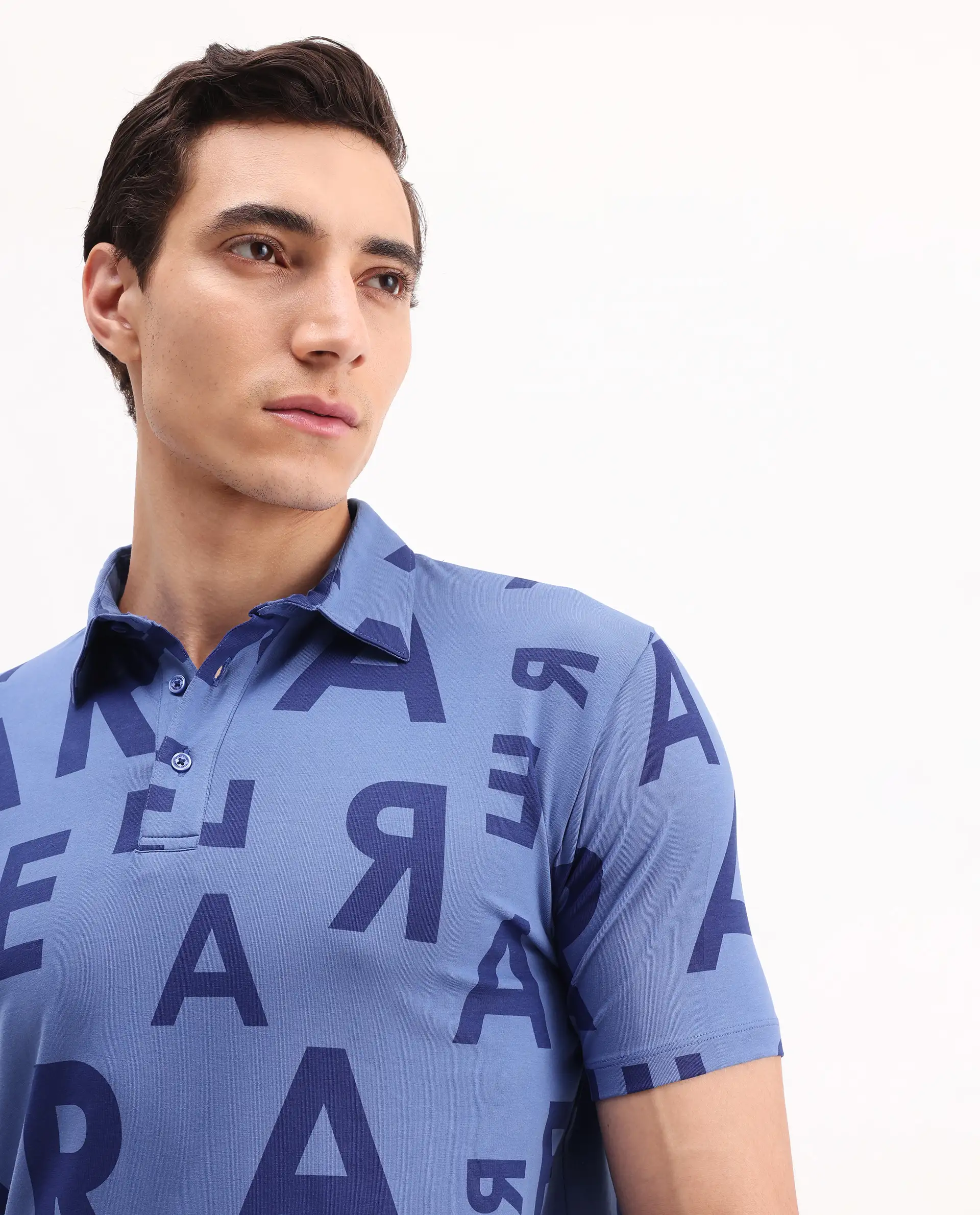Rare Rabbit Men's Rocha Dark Blue Cotton Monogram Print Regular Fit Half Sleeve Polo - Image 4