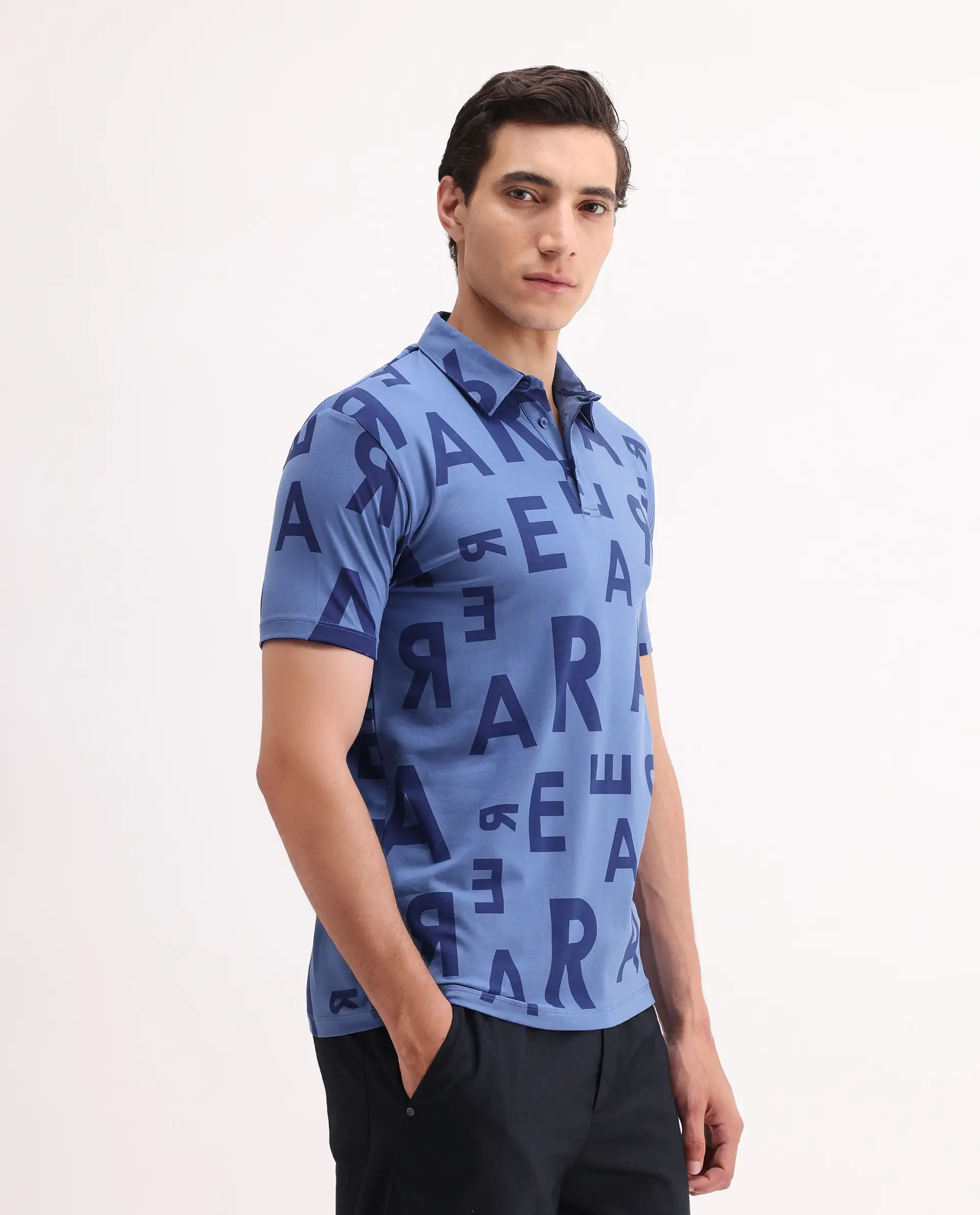 Rare Rabbit Men's Rocha Dark Blue Cotton Monogram Print Regular Fit Half Sleeve Polo - Image 5