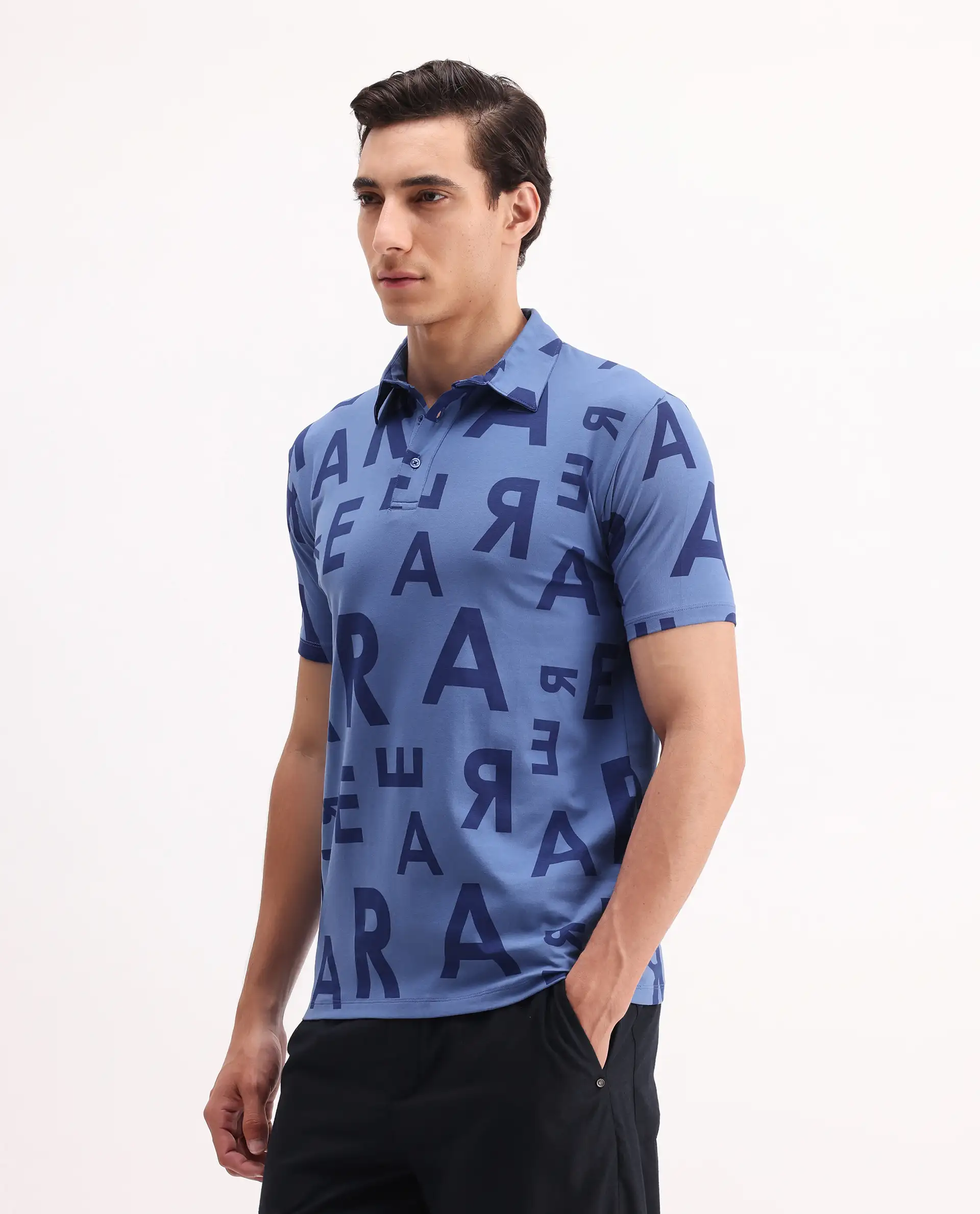 Rare Rabbit Men's Rocha Dark Blue Cotton Monogram Print Regular Fit Half Sleeve Polo - Image 6