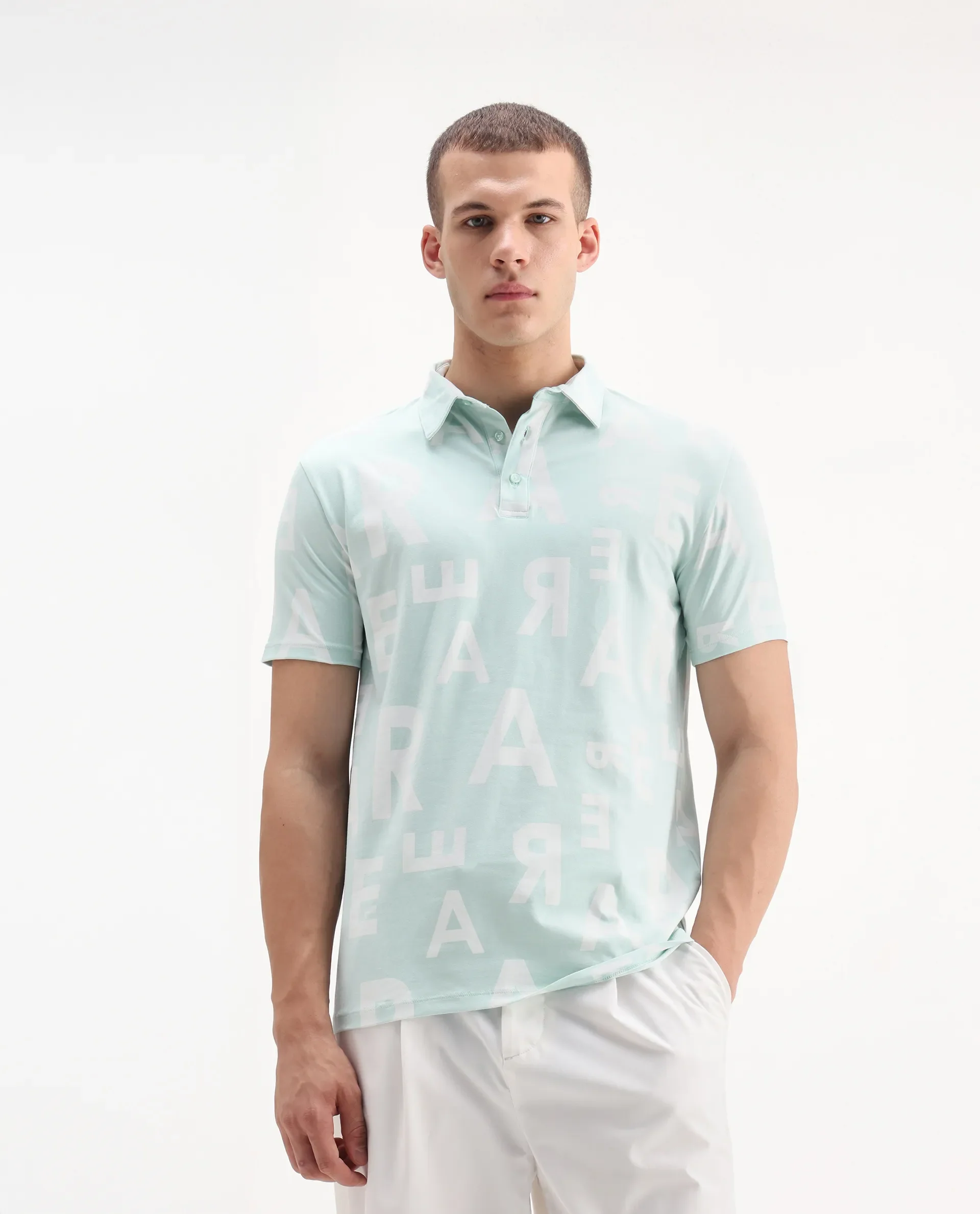 Rare Rabbit Men's Rocha Light Turq Cotton Monogram Print Regular Fit Half Sleeve Polo - Image 3
