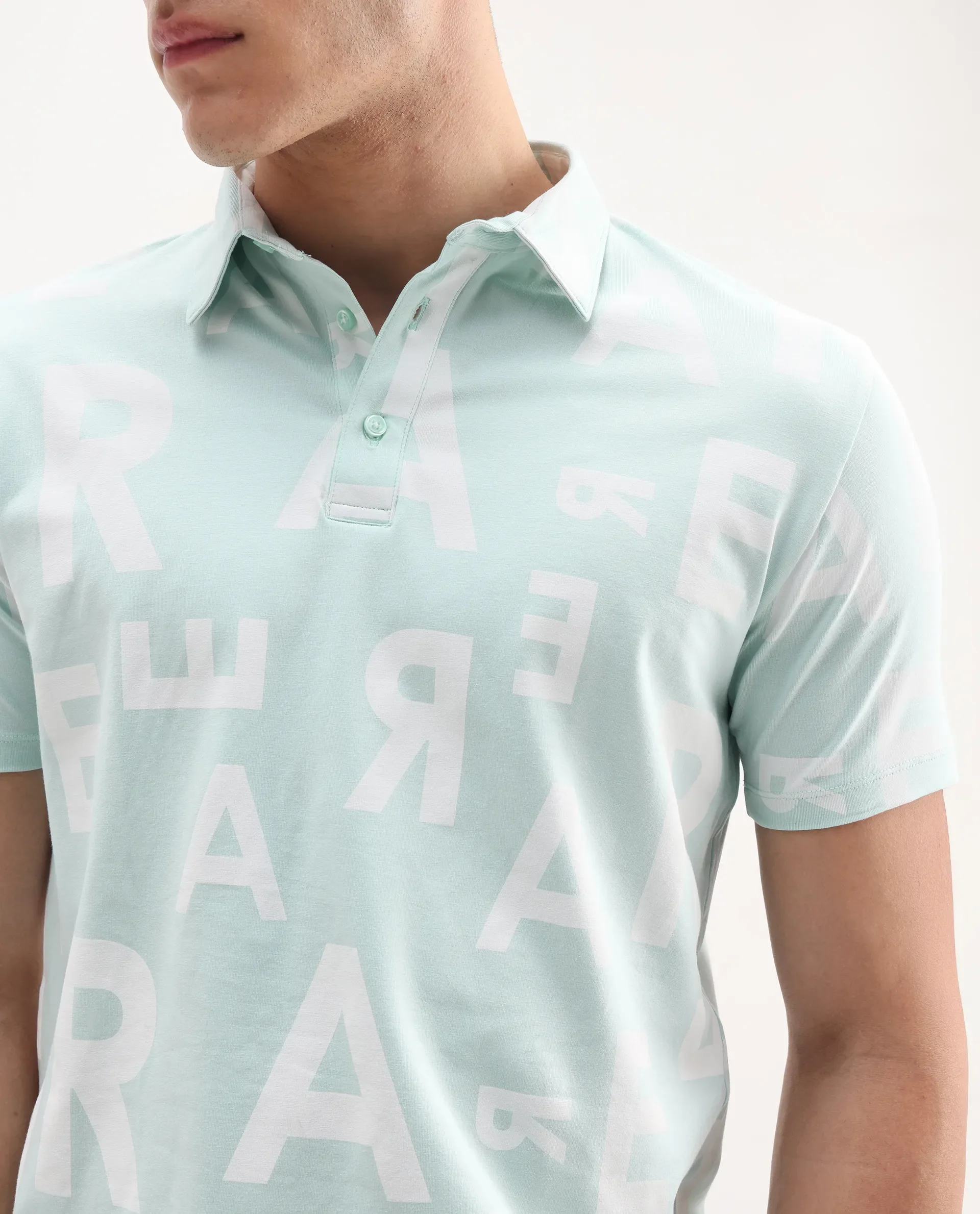 Rare Rabbit Men's Rocha Light Turq Cotton Monogram Print Regular Fit Half Sleeve Polo - Image 4