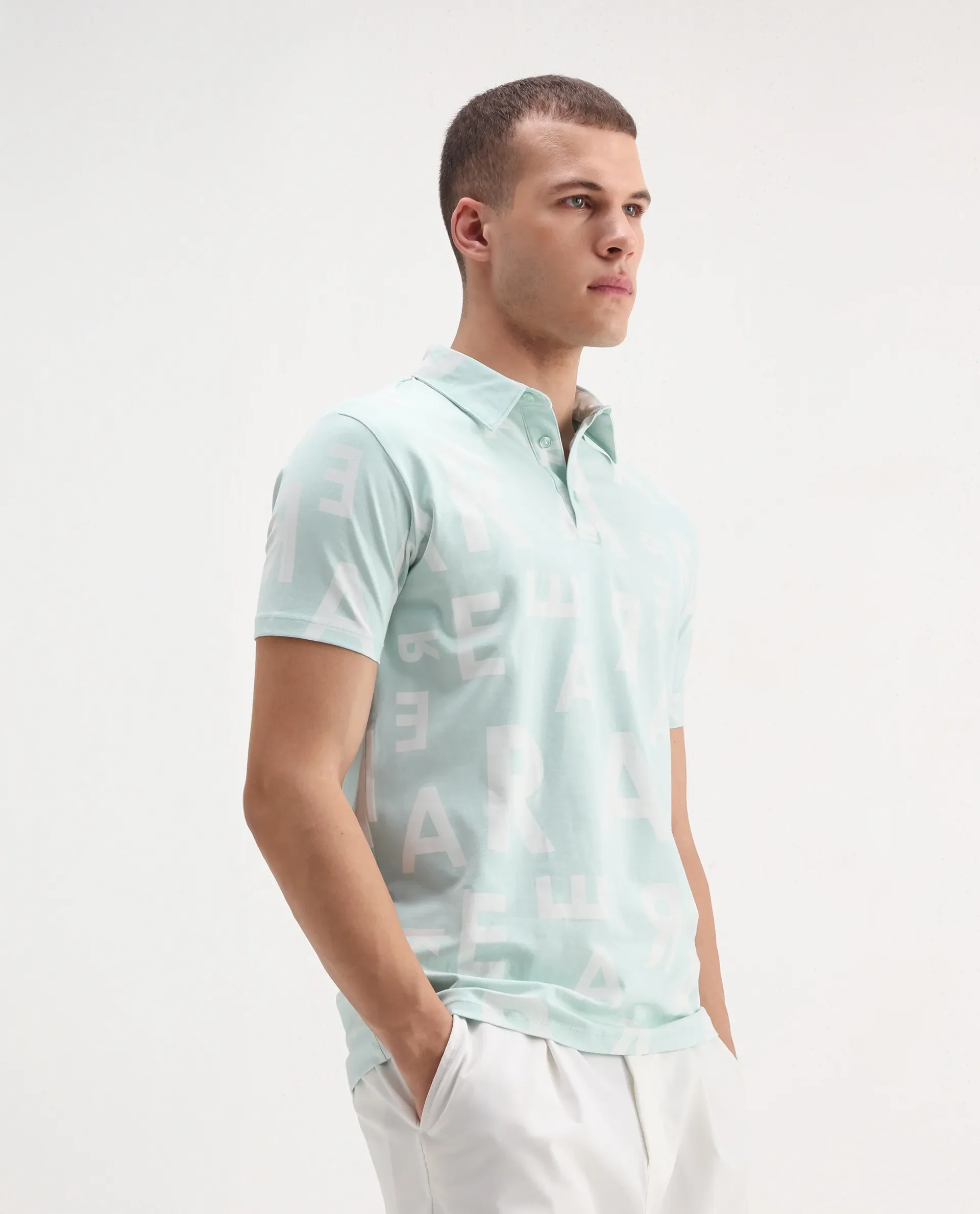 Rare Rabbit Men's Rocha Light Turq Cotton Monogram Print Regular Fit Half Sleeve Polo - Image 5