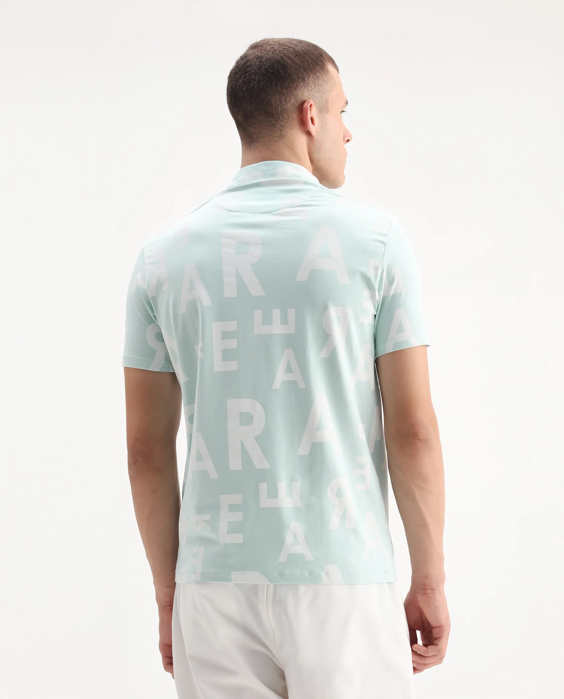 Rare Rabbit Men's Rocha Light Turq Cotton Monogram Print Regular Fit Half Sleeve Polo - Image 6