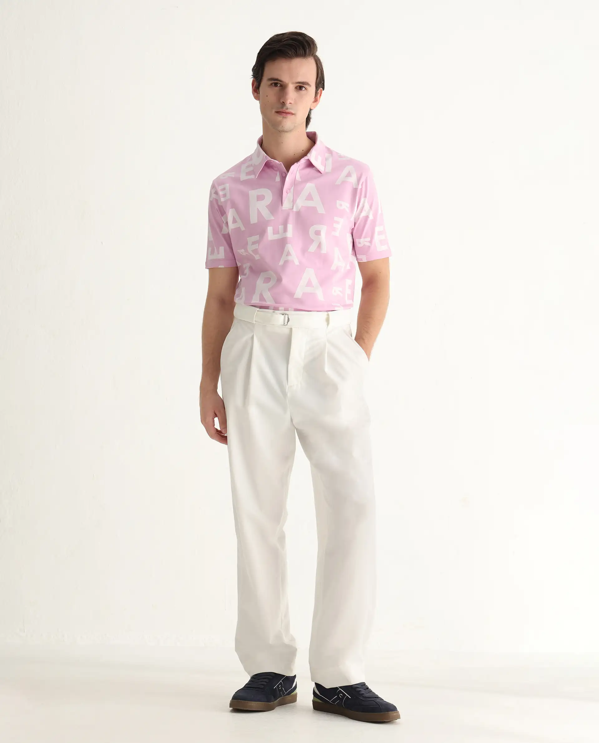 Rare Rabbit Men's Rocha Pastel Purple Cotton Monogram Print Regular Fit Half Sleeve Polo - Image 2
