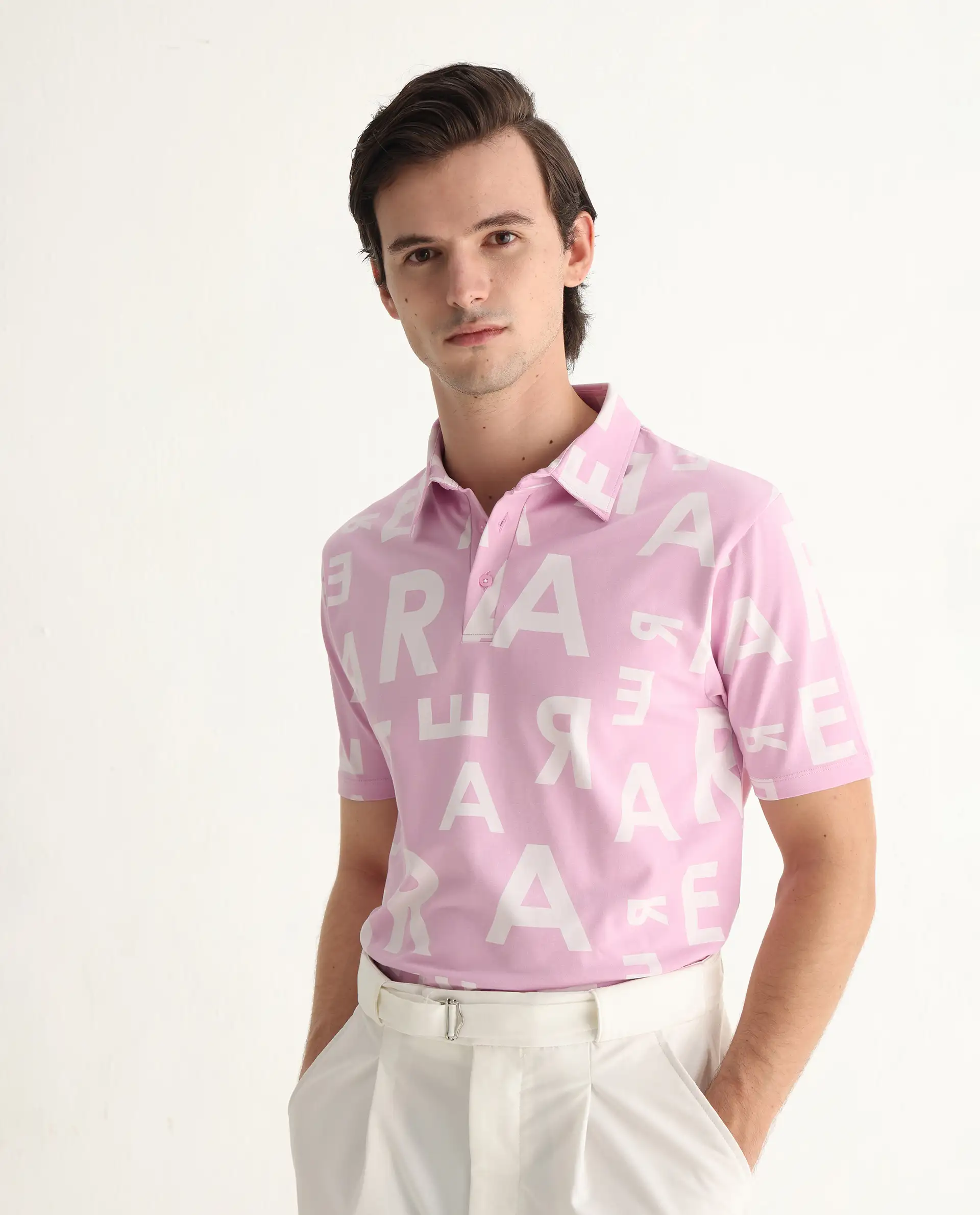 Rare Rabbit Men's Rocha Pastel Purple Cotton Monogram Print Regular Fit Half Sleeve Polo - Image 7