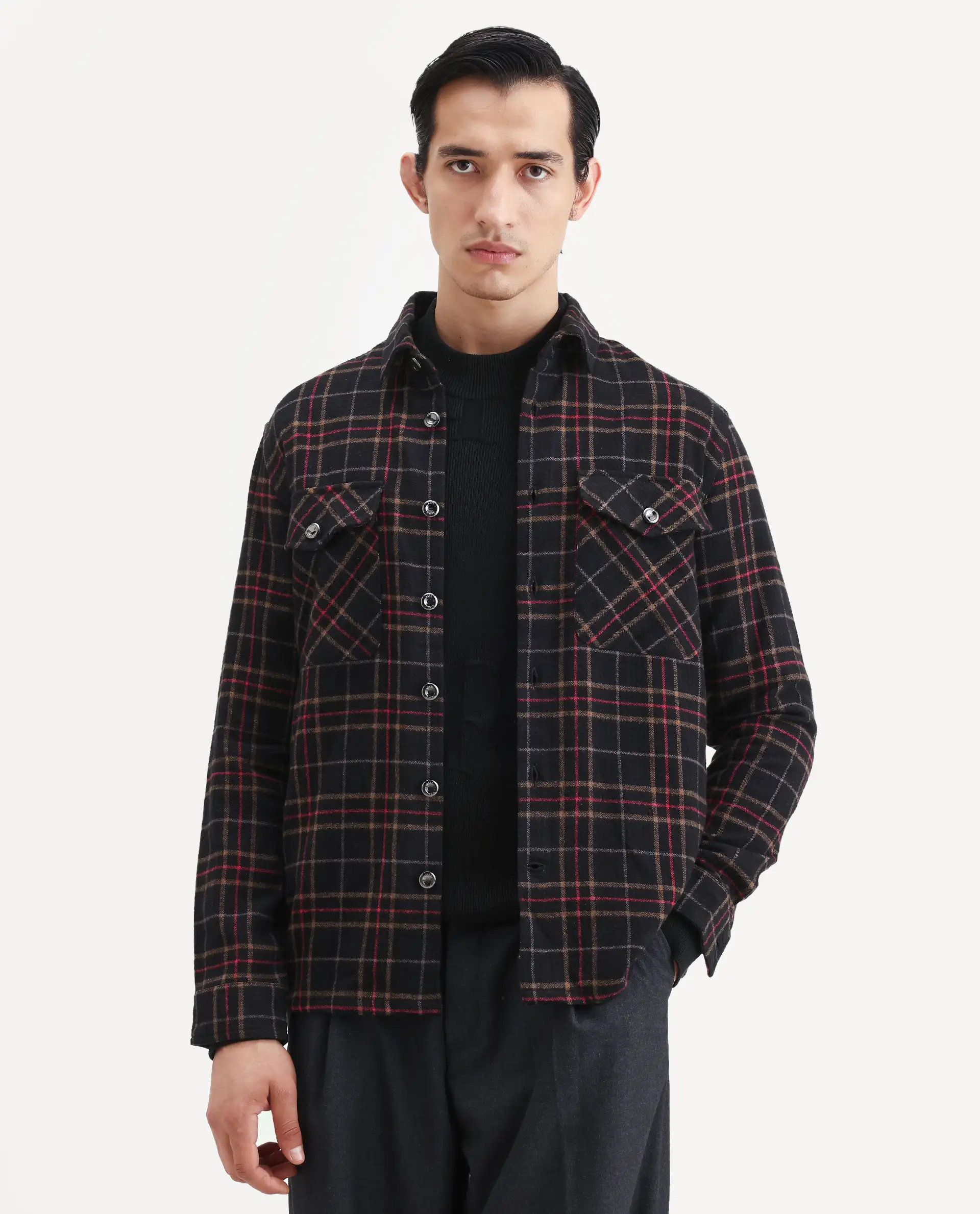 Rare Rabbit Men's Roche Black Cotton Checked Print Relaxed Fit Full Sleeve Collared Shacket - Image 3