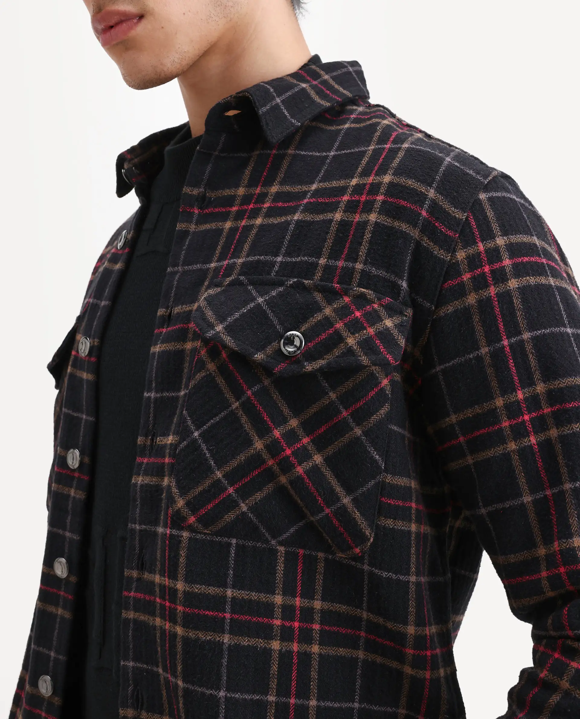 Rare Rabbit Men's Roche Black Cotton Checked Print Relaxed Fit Full Sleeve Collared Shacket - Image 4