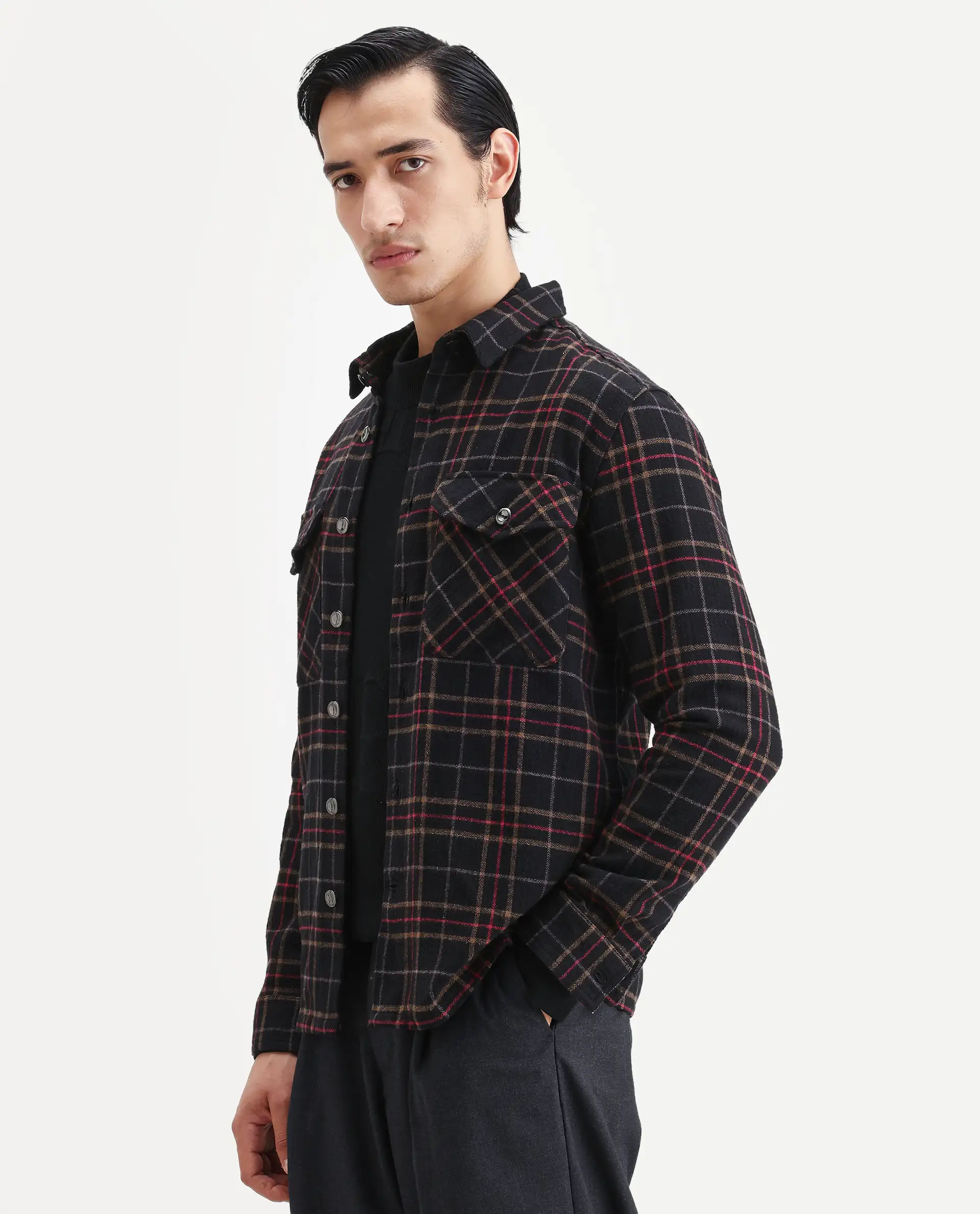 Rare Rabbit Men's Roche Black Cotton Checked Print Relaxed Fit Full Sleeve Collared Shacket - Image 5