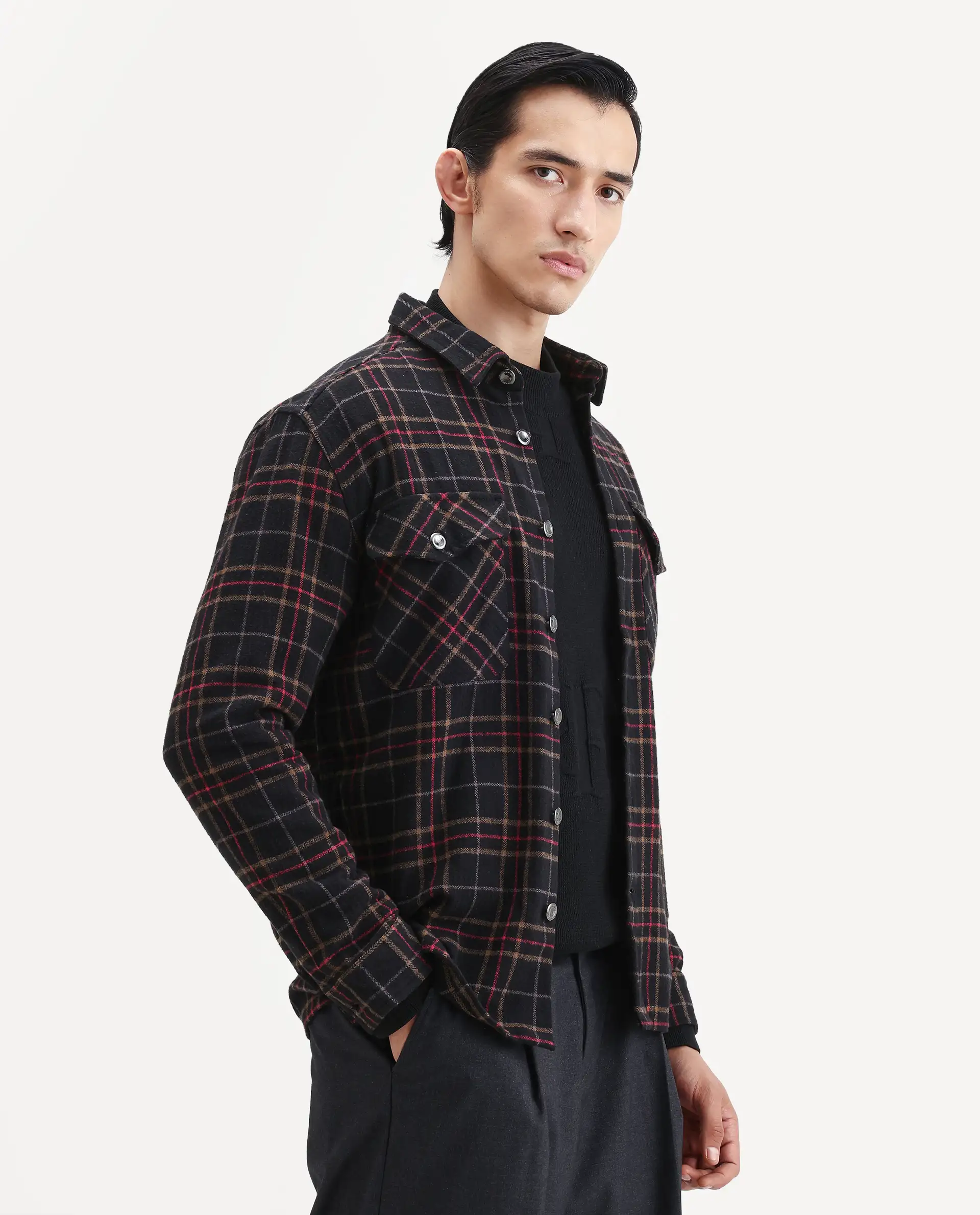 Rare Rabbit Men's Roche Black Cotton Checked Print Relaxed Fit Full Sleeve Collared Shacket - Image 6