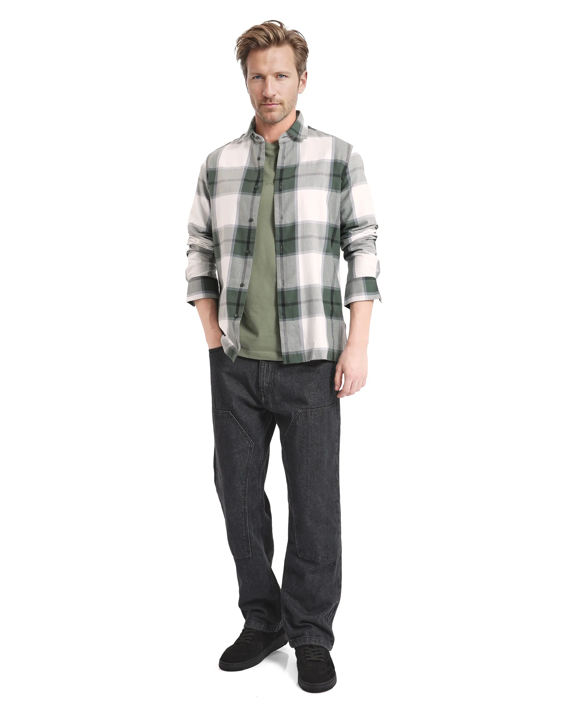 Rare Rabbit Men's Rock Ford-2 Green Cotton Checked Print Regular Fit Full Sleeve Collared Shirt - Image 2