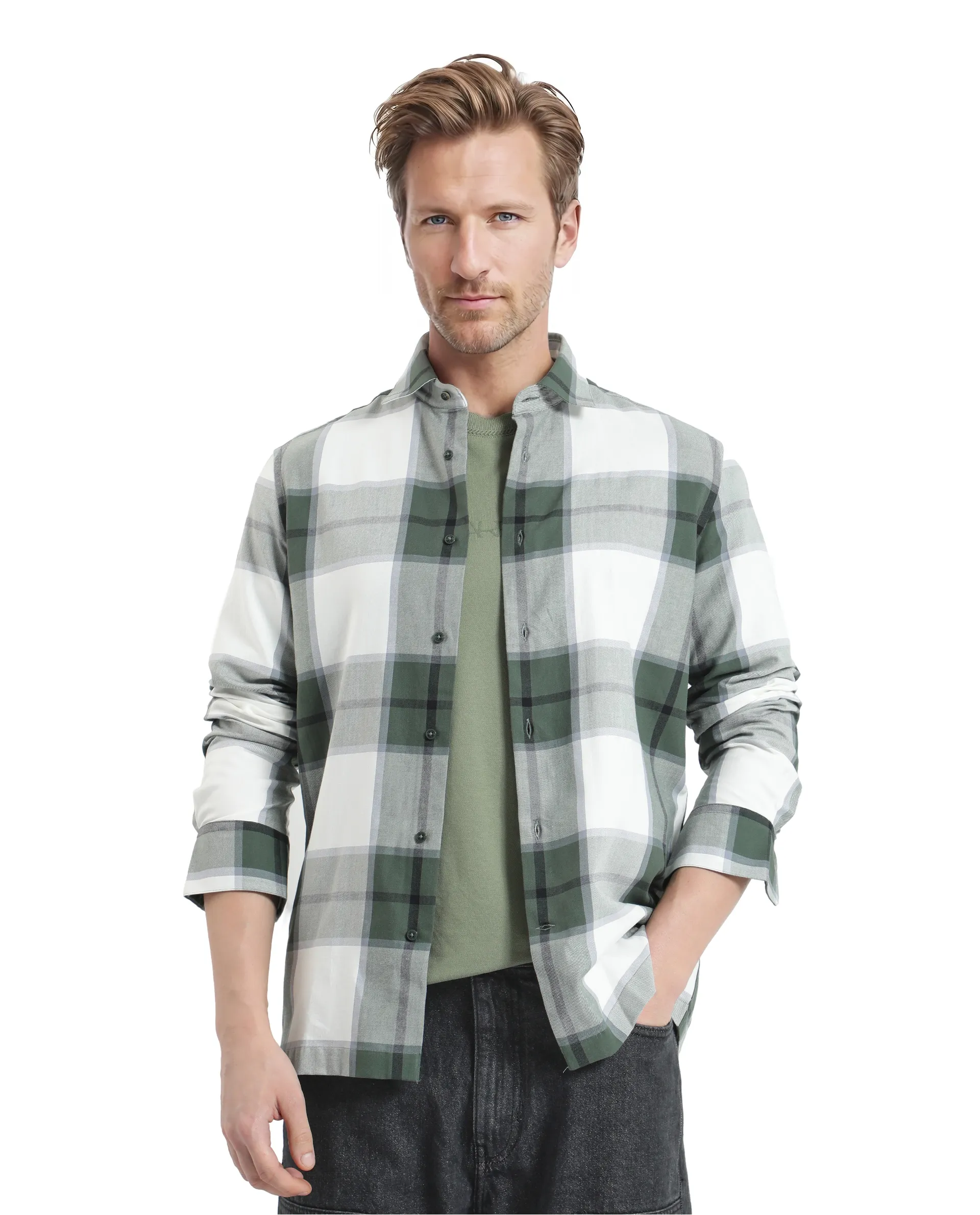 Rare Rabbit Men's Rock Ford-2 Green Cotton Checked Print Regular Fit Full Sleeve Collared Shirt - Image 3