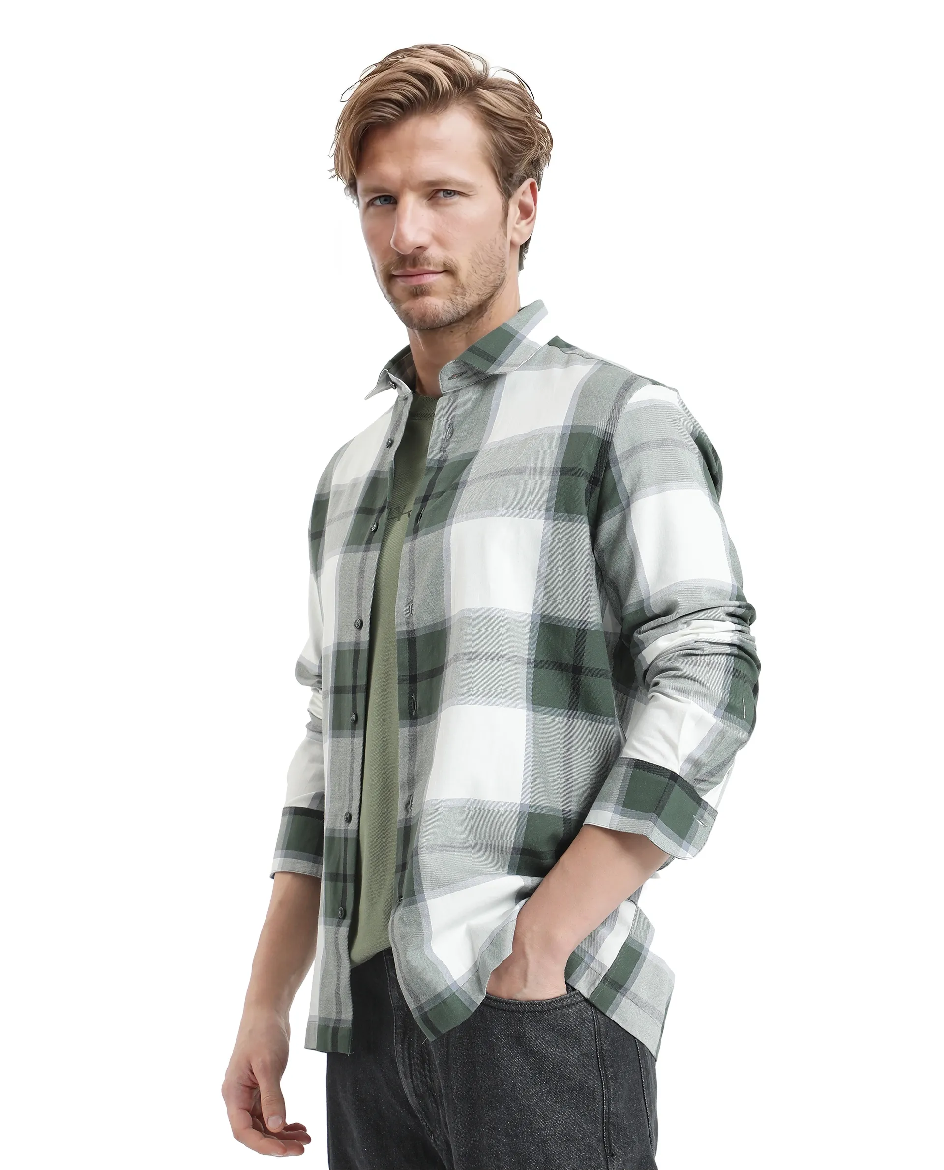 Rare Rabbit Men's Rock Ford-2 Green Cotton Checked Print Regular Fit Full Sleeve Collared Shirt - Image 4