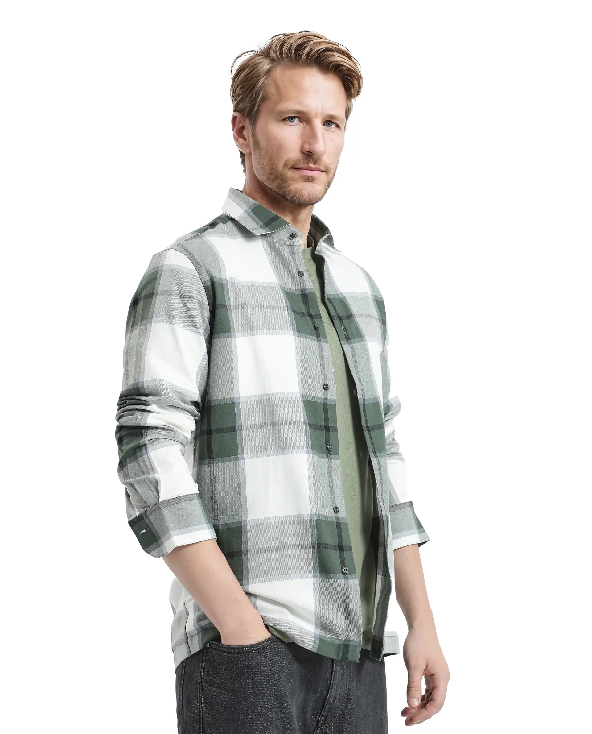 Rare Rabbit Men's Rock Ford-2 Green Cotton Checked Print Regular Fit Full Sleeve Collared Shirt - Image 5