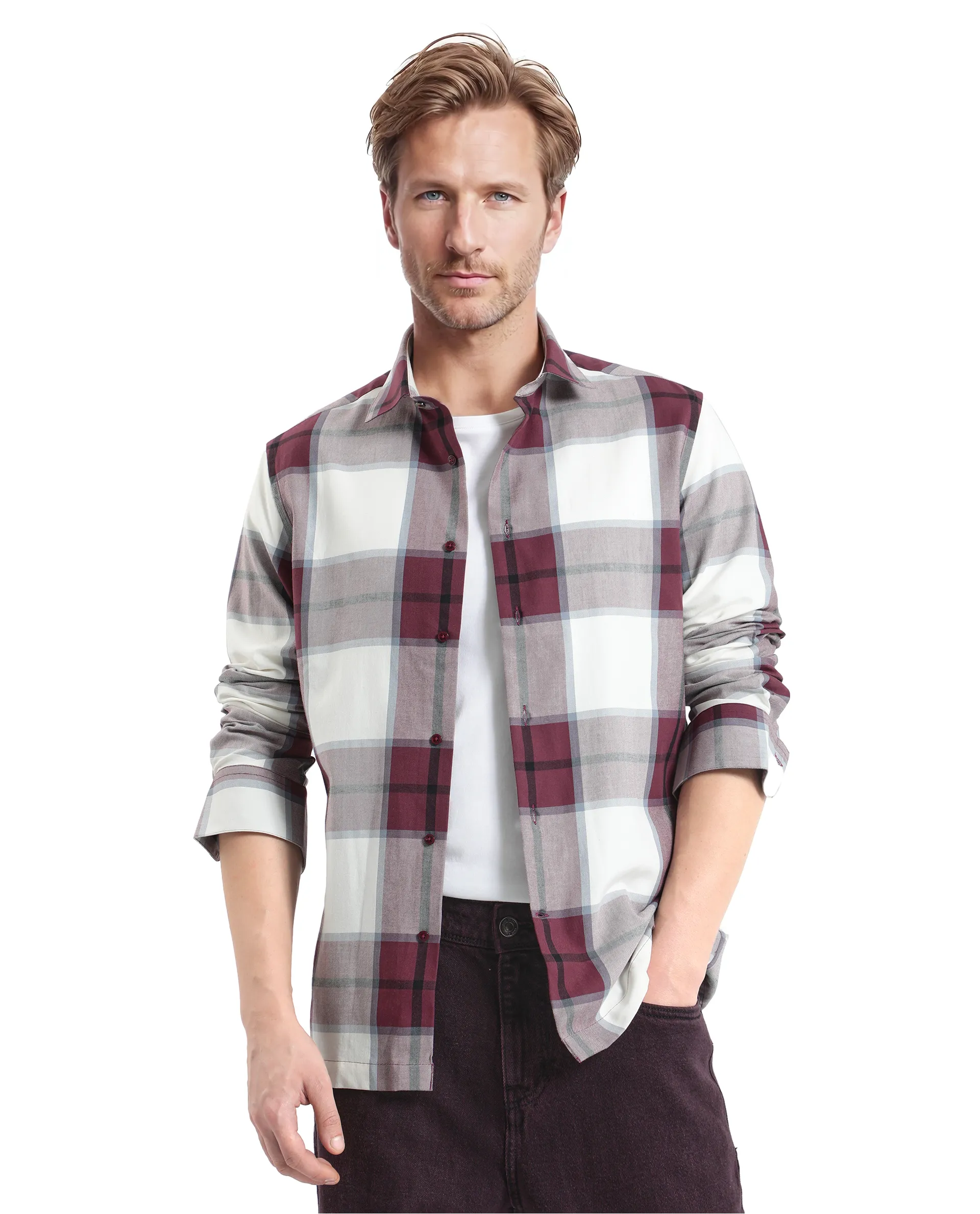 Rare Rabbit Men's Rock Ford-2 Maroon Cotton Checked Print Regular Fit Full Sleeve Collared Shirt - Image 2