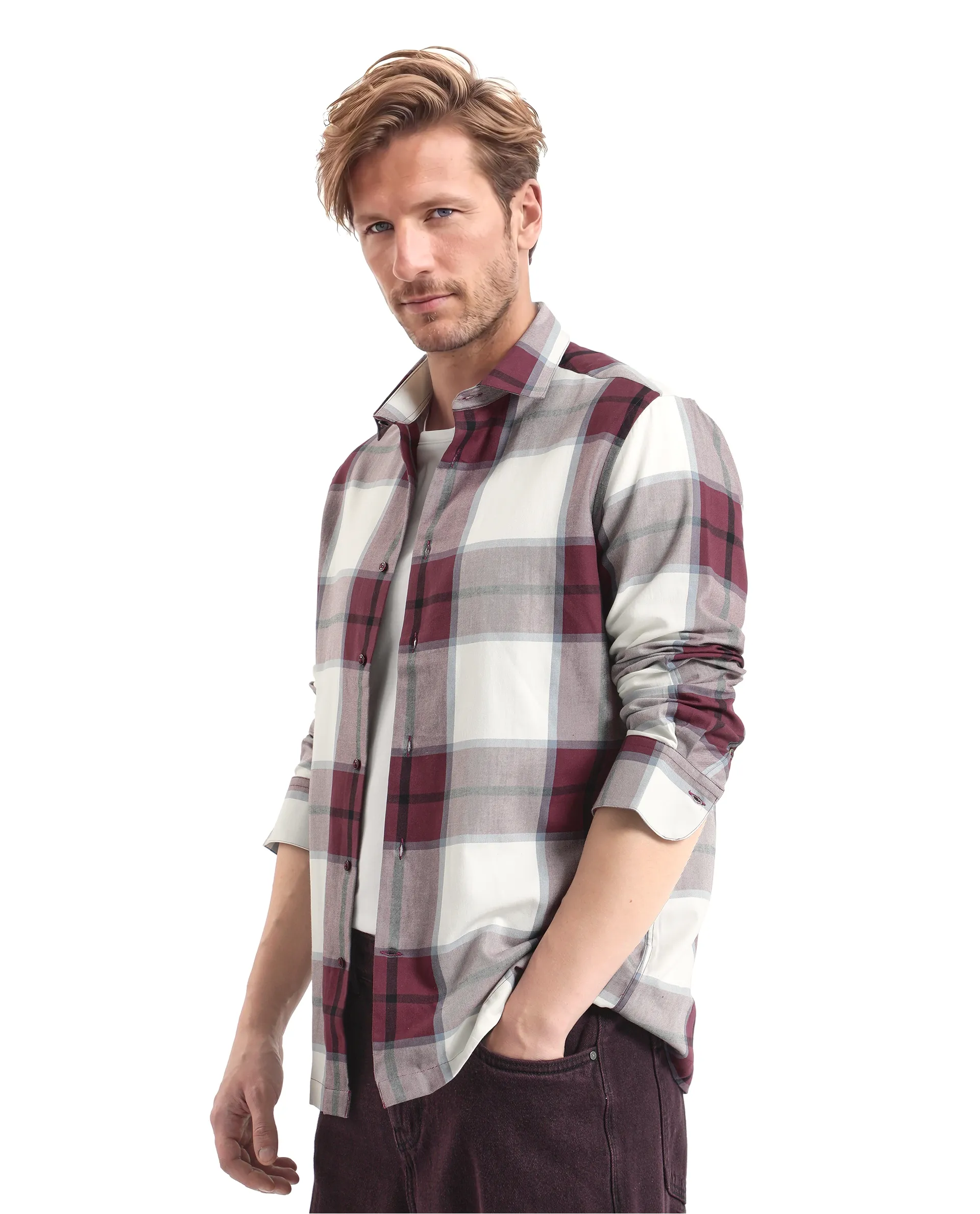 Rare Rabbit Men's Rock Ford-2 Maroon Cotton Checked Print Regular Fit Full Sleeve Collared Shirt - Image 6