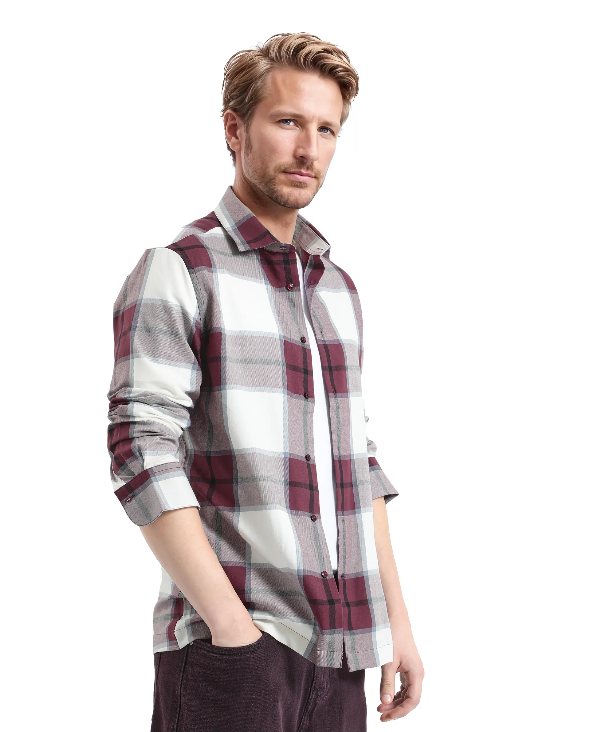Rare Rabbit Men's Rock Ford-2 Maroon Cotton Checked Print Regular Fit Full Sleeve Collared Shirt - Image 7