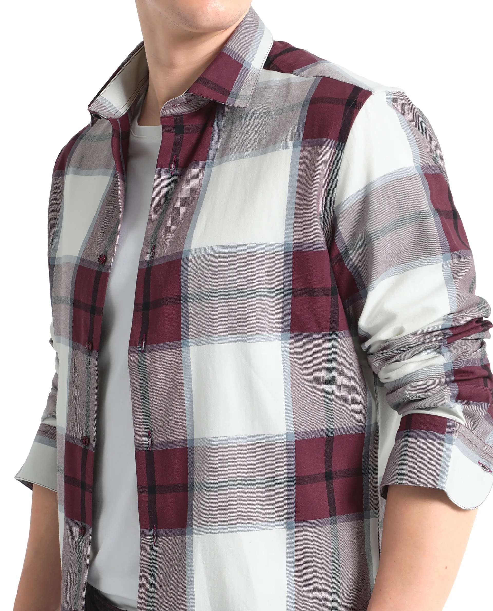 Rare Rabbit Men's Rock Ford-2 Maroon Cotton Checked Print Regular Fit Full Sleeve Collared Shirt - Image 9