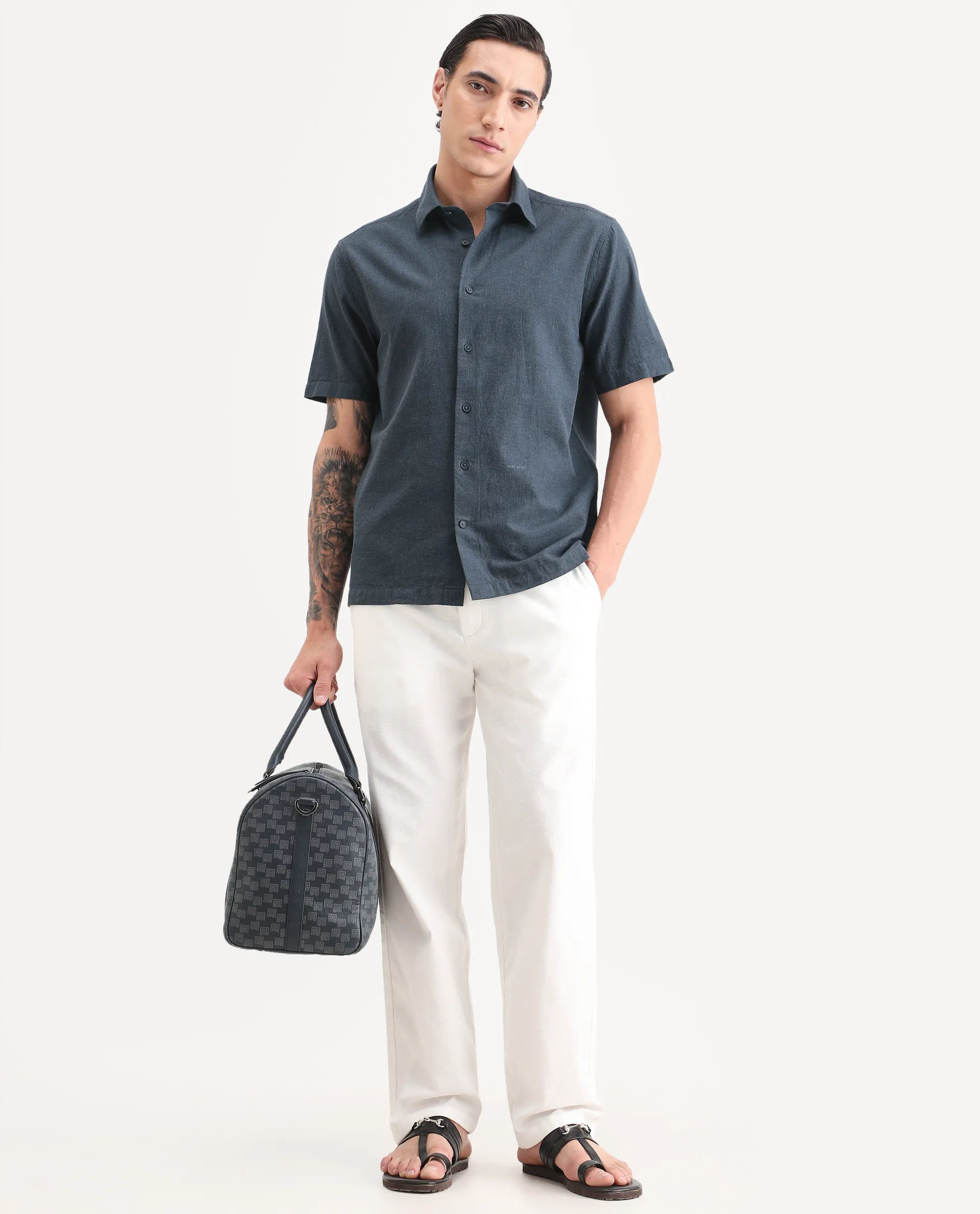 Rare Rabbit Men's Rode Dark Blue Cotton Blend Fabric Half Sleeve Spread Collar Regular Fit Plain Shirt - Image 2