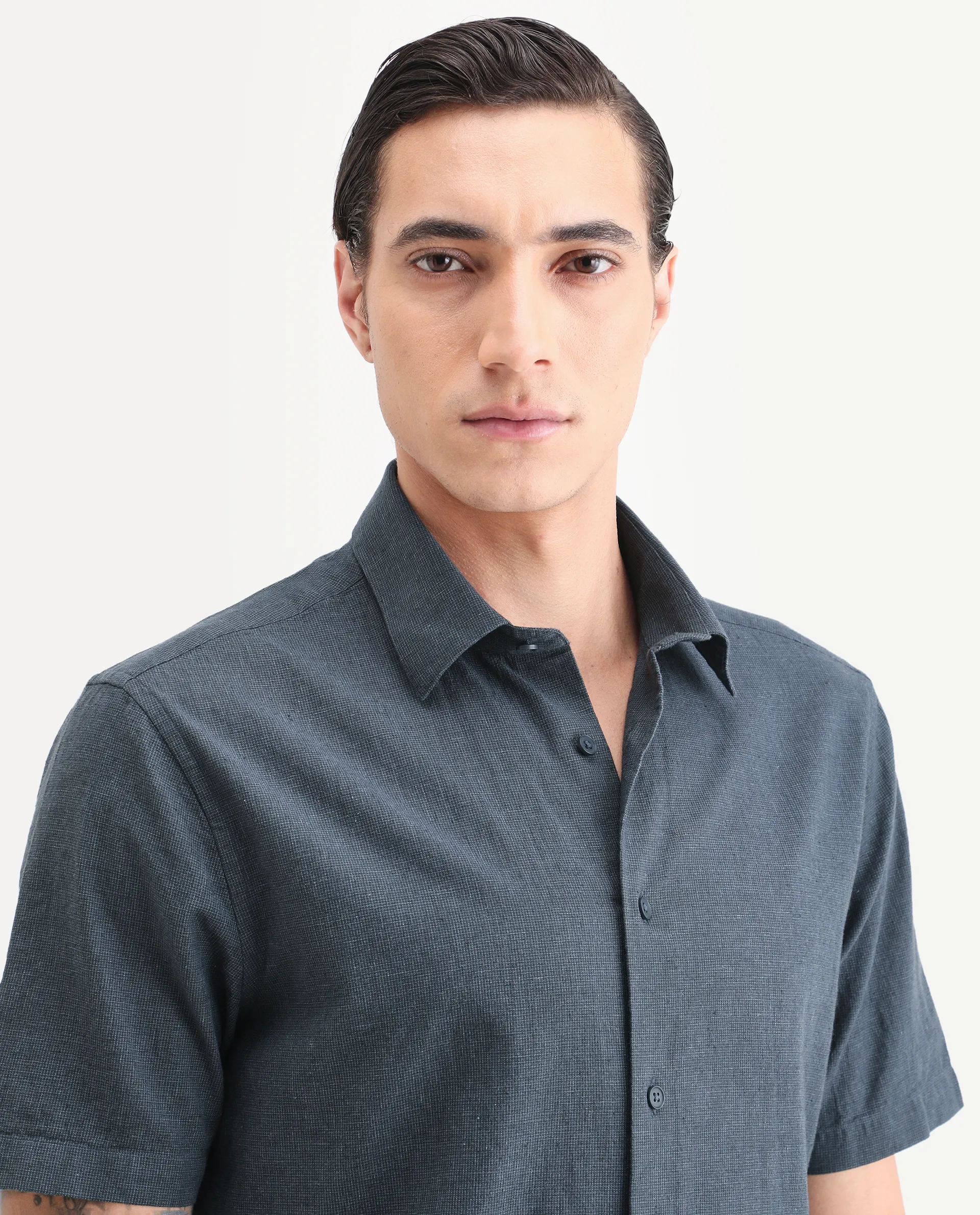 Rare Rabbit Men's Rode Dark Blue Cotton Blend Fabric Half Sleeve Spread Collar Regular Fit Plain Shirt - Image 3