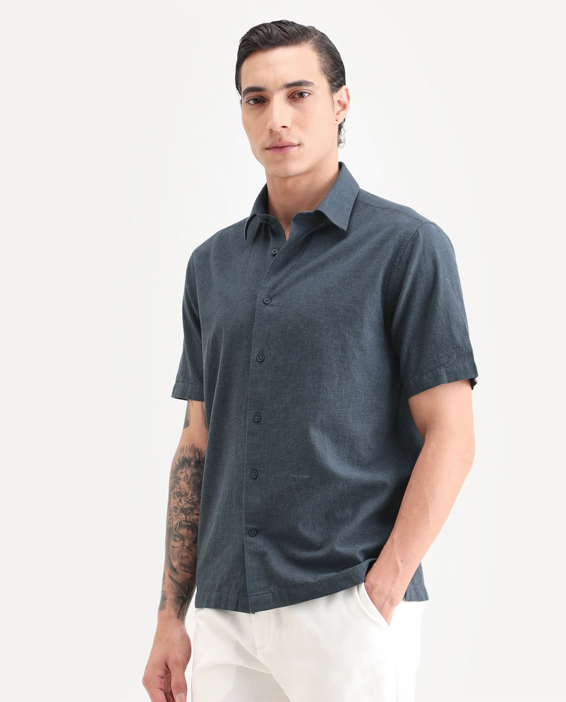 Rare Rabbit Men's Rode Dark Blue Cotton Blend Fabric Half Sleeve Spread Collar Regular Fit Plain Shirt - Image 4