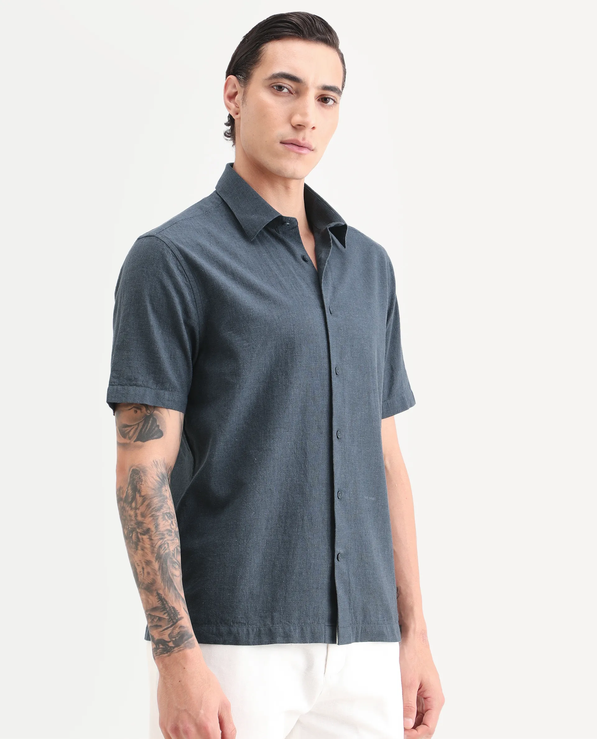 Rare Rabbit Men's Rode Dark Blue Cotton Blend Fabric Half Sleeve Spread Collar Regular Fit Plain Shirt - Image 5