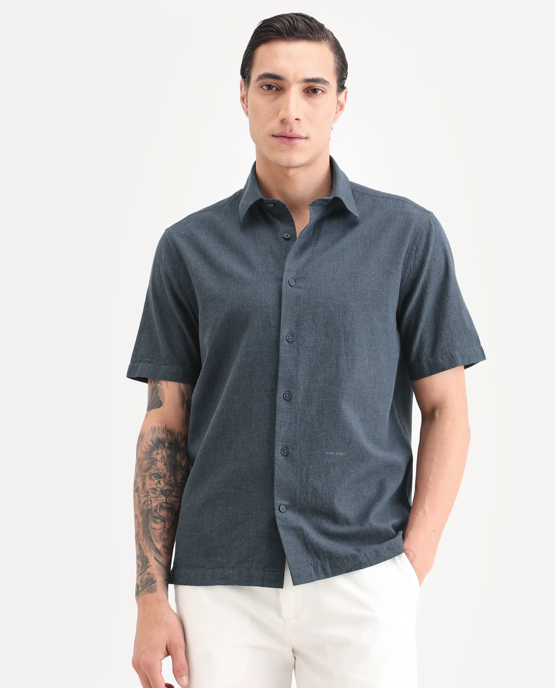 Rare Rabbit Men's Rode Dark Blue Cotton Blend Fabric Half Sleeve Spread Collar Regular Fit Plain Shirt - Image 6